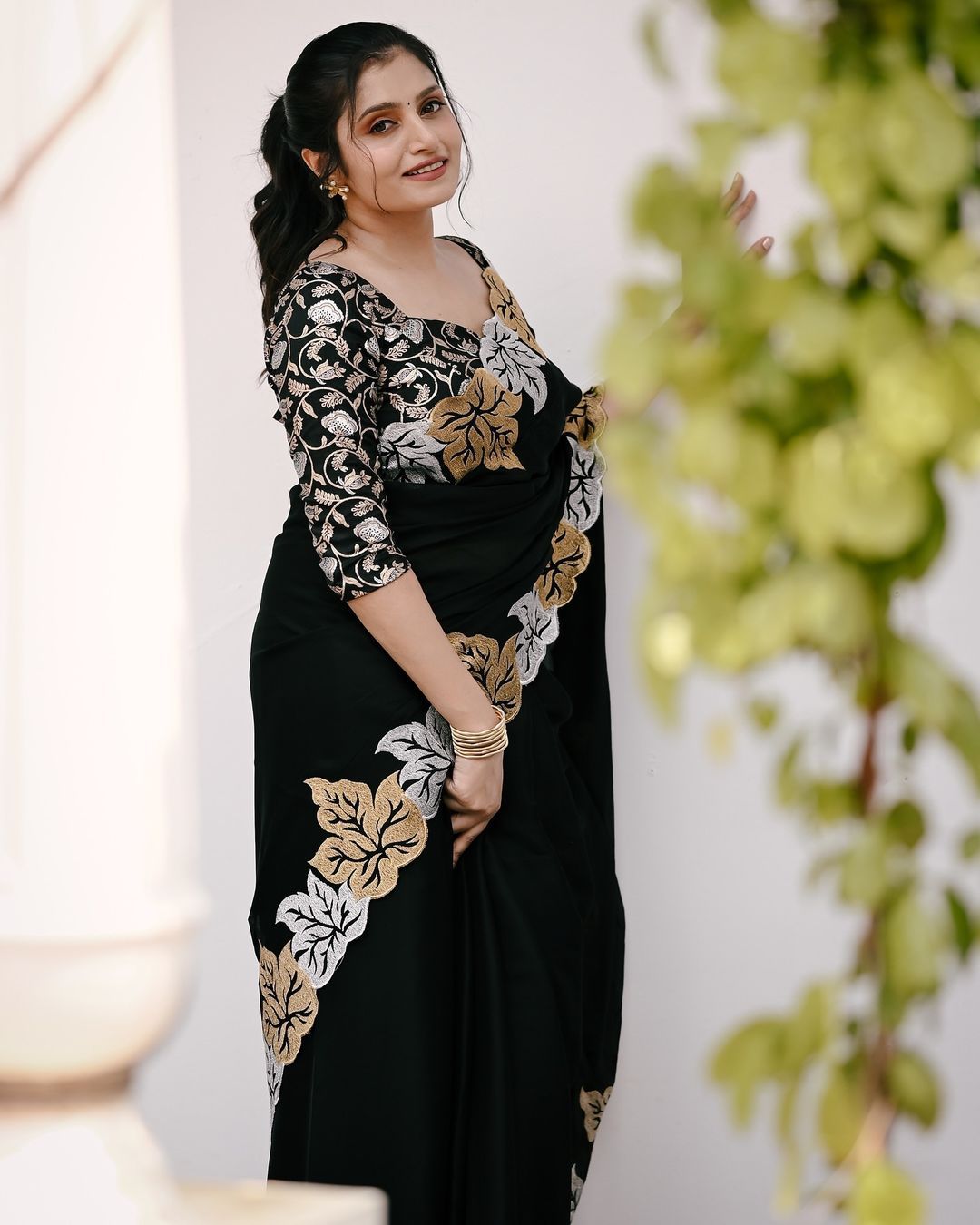 Silver and gold maple leaf black satin chiffon saree