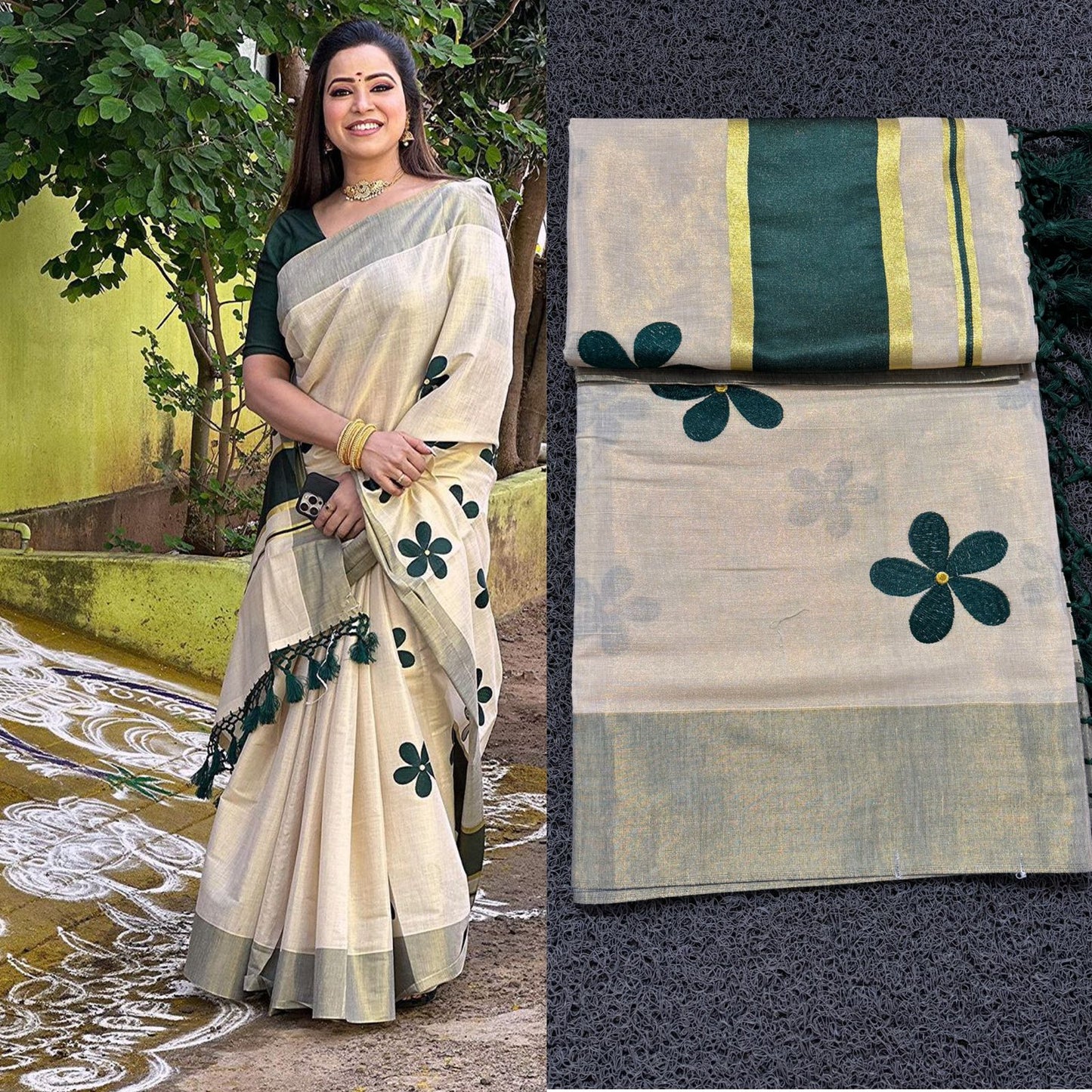 Green flower embro golden tissue saree with tussles