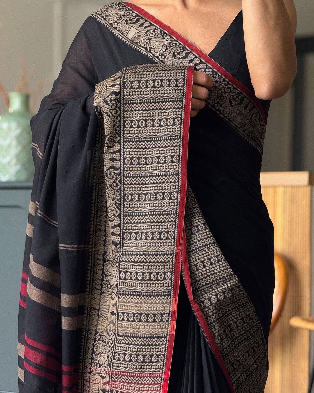 Big border black cotton saree