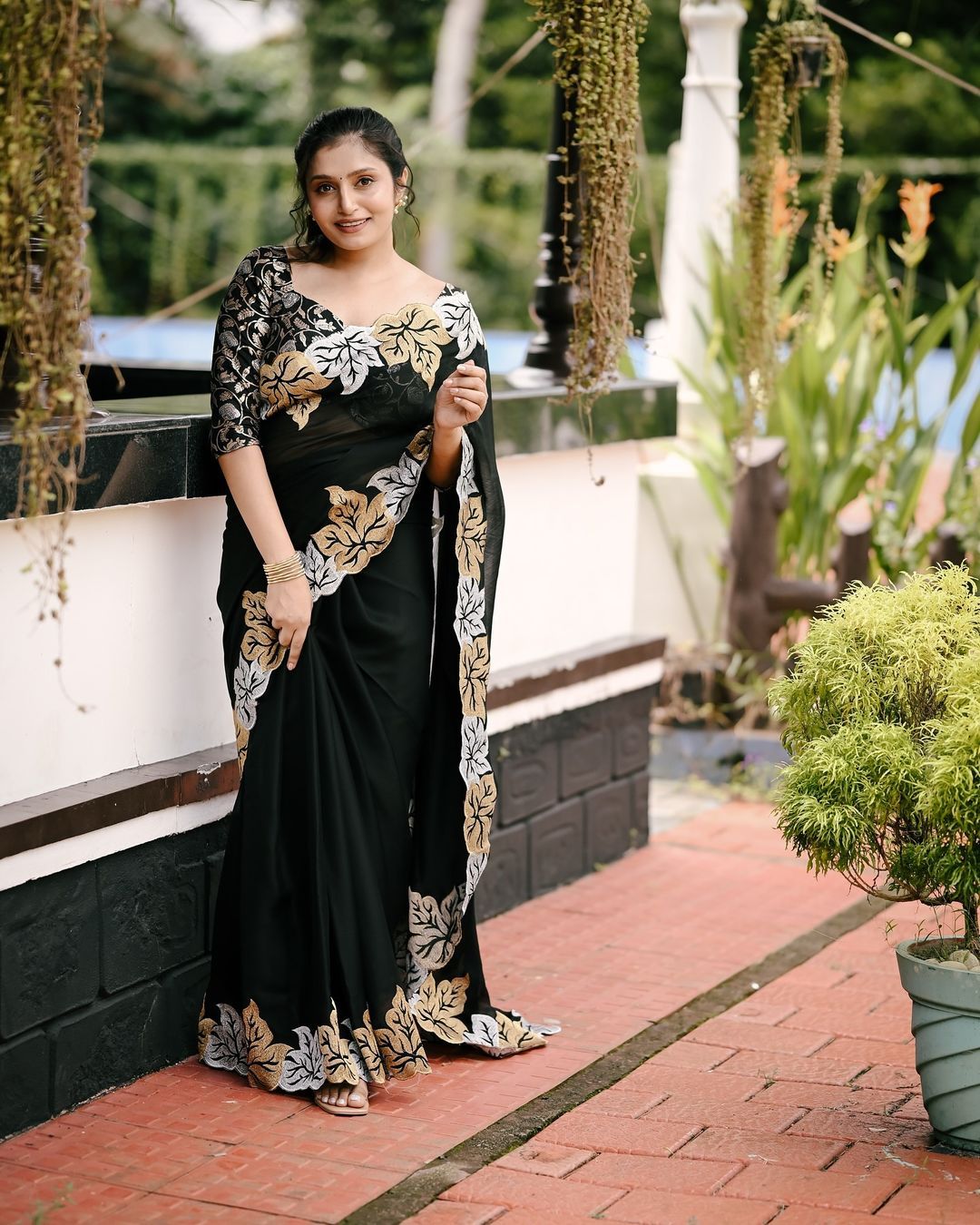 Silver and gold maple leaf black satin chiffon saree