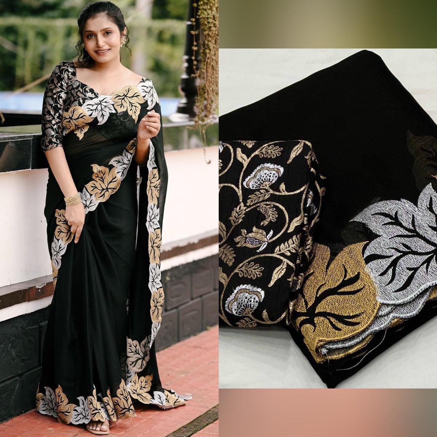 Silver and gold maple leaf black satin chiffon saree