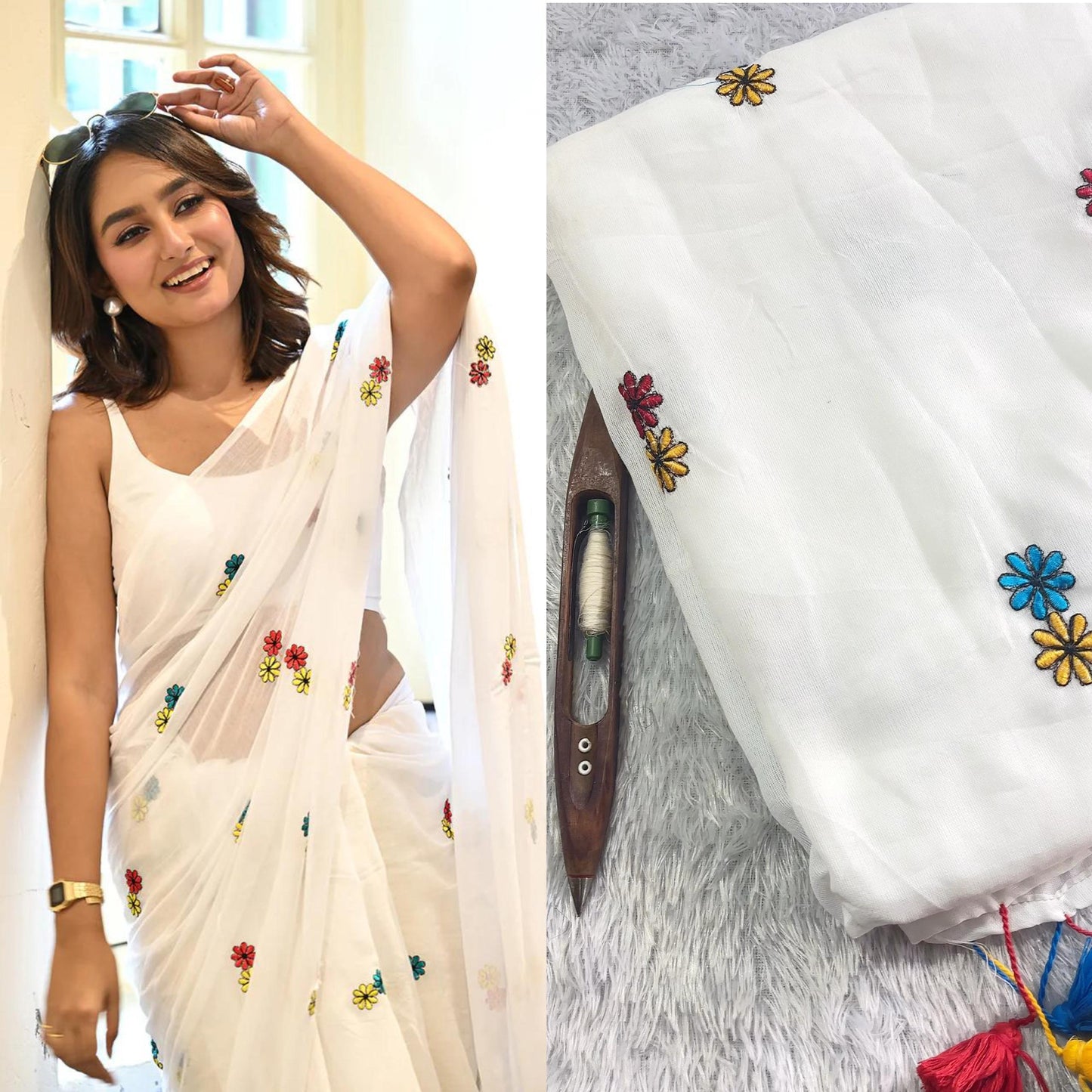 80s Mul cotton flower embroidered