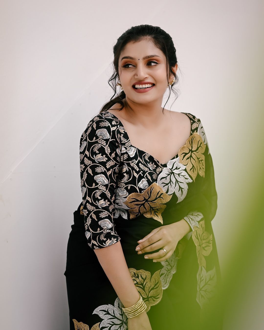 Silver and gold maple leaf black satin chiffon saree