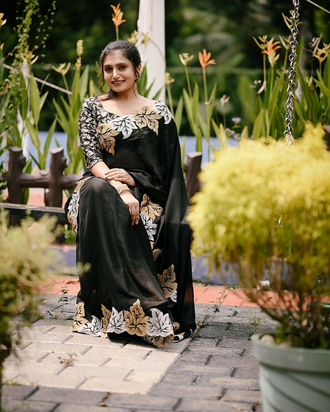 Silver and gold maple leaf black satin chiffon saree