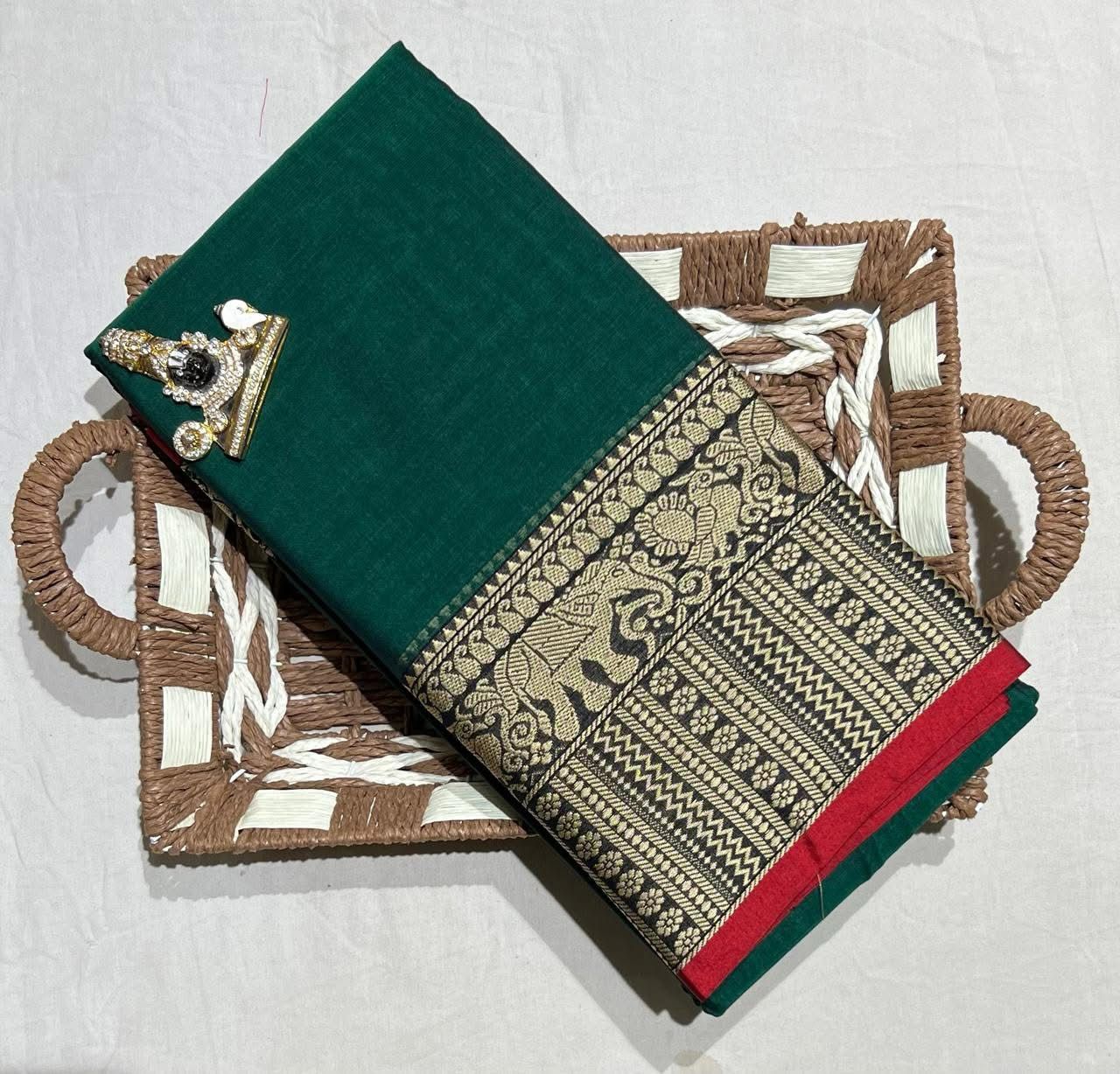 Big border bottle green cotton saree