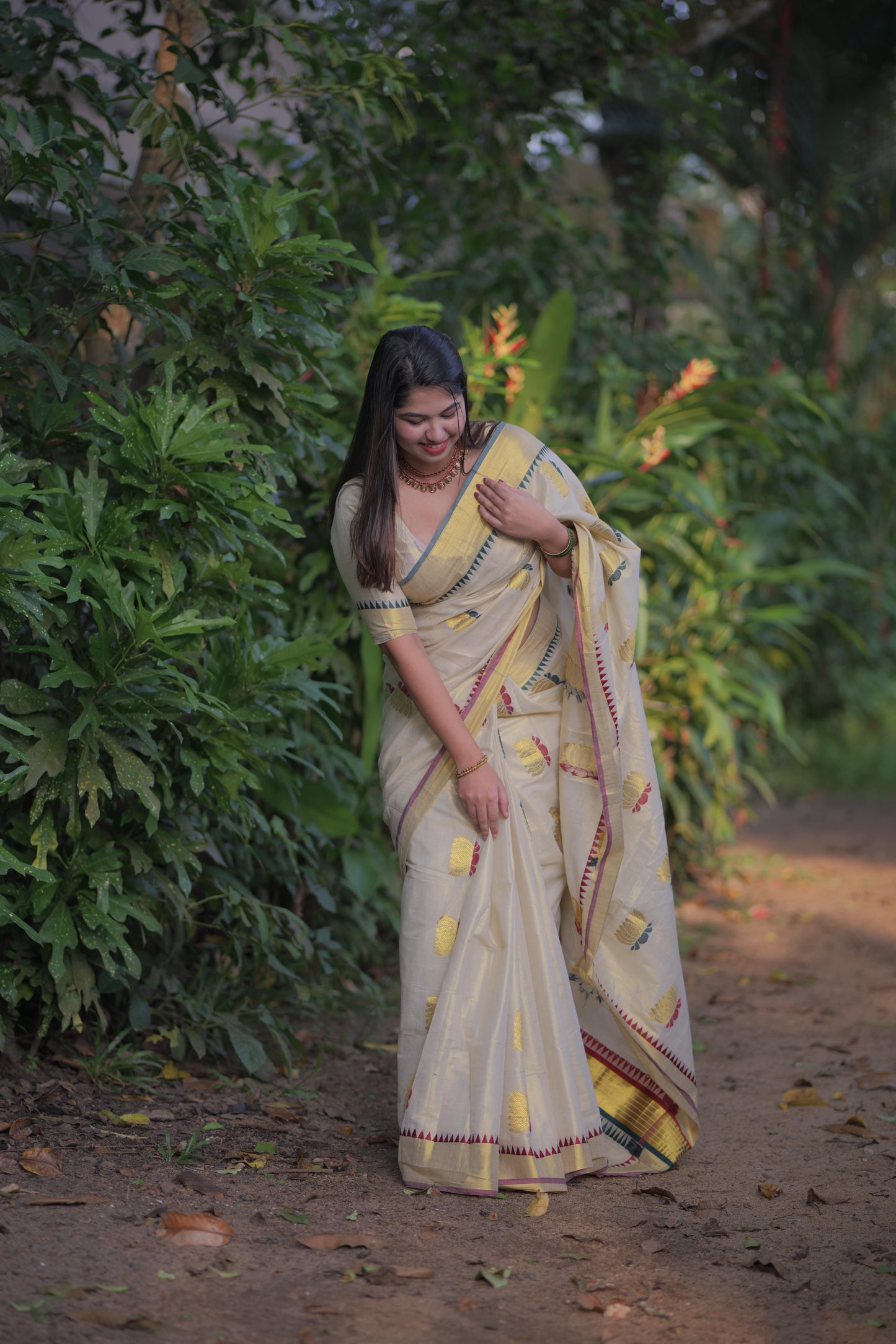 Lotus weave golden tissue saree