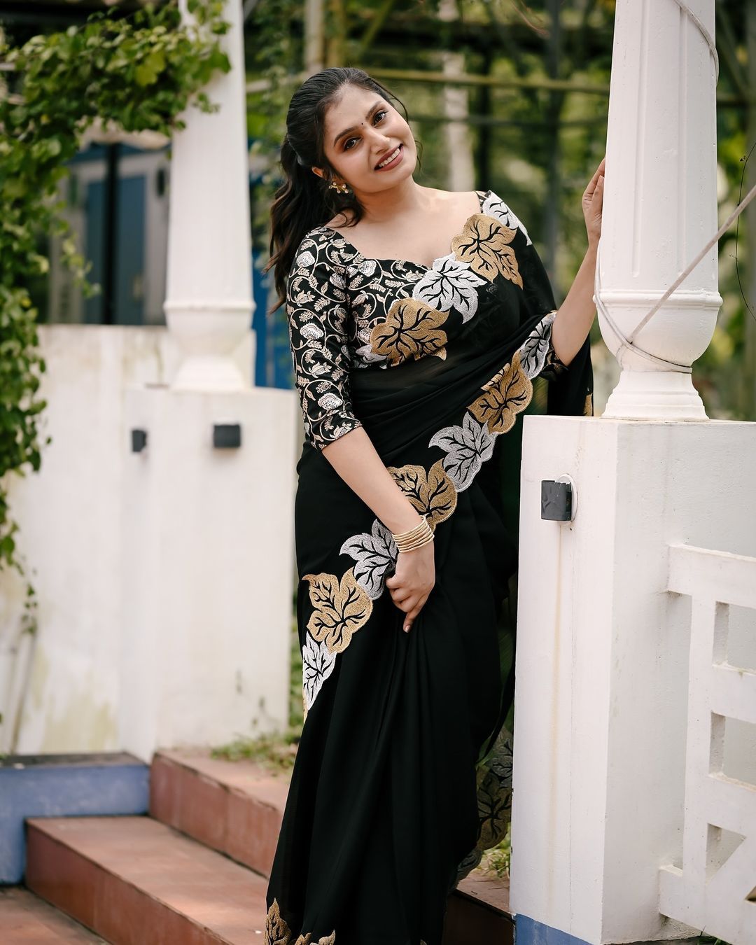 Silver and gold maple leaf black satin chiffon saree