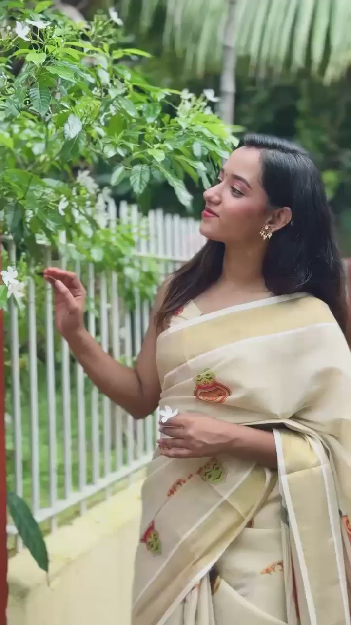 Kathakali and onam theme digital print saree with blouse designs