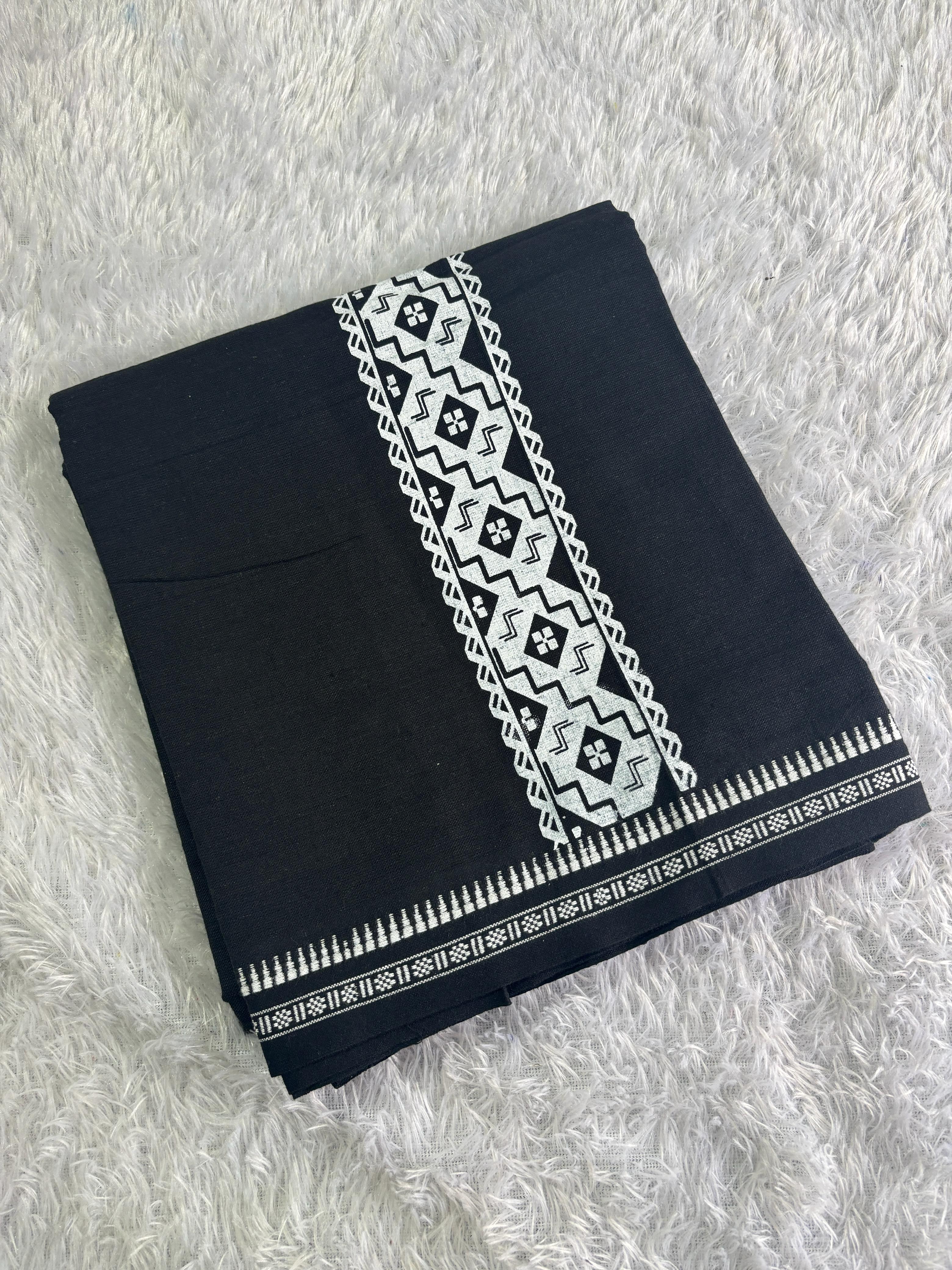 Black single dhothi with white print
