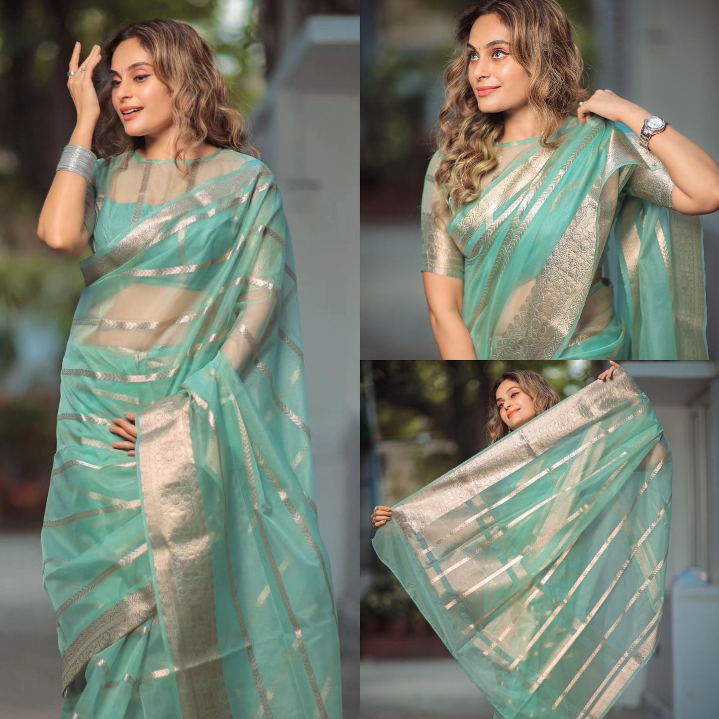 Teal organza saree