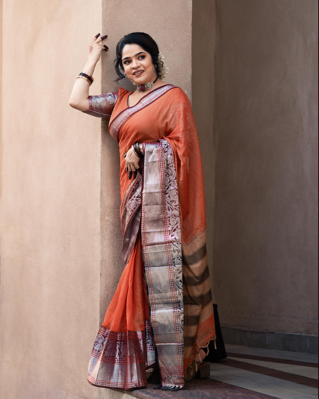 Silver big border elephant motif cotton saree