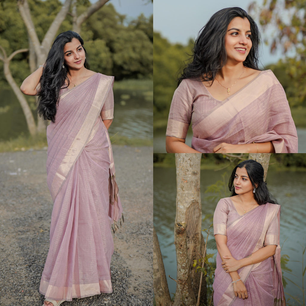 Tissue checks pastel shade saree with tussles