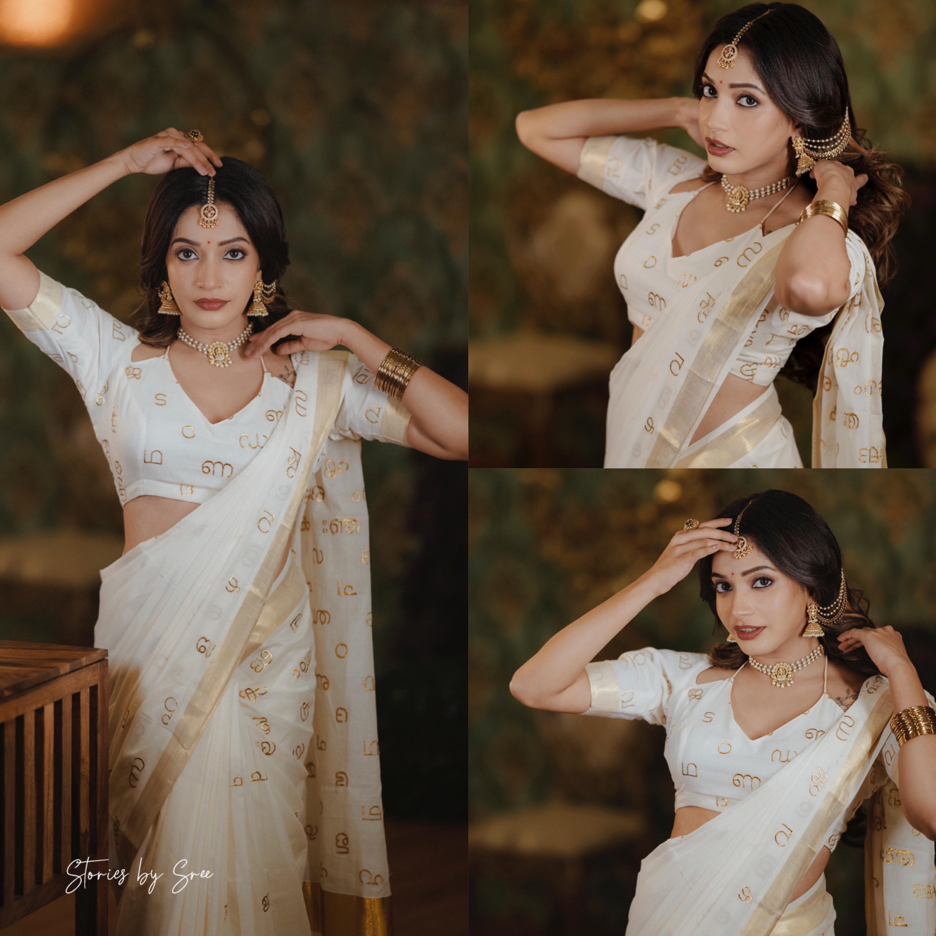 Malayalam Akshara Mala embroidered cotton saree