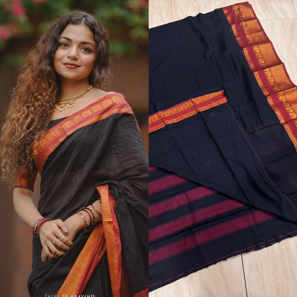 Hansika black peacock motif cotton saree