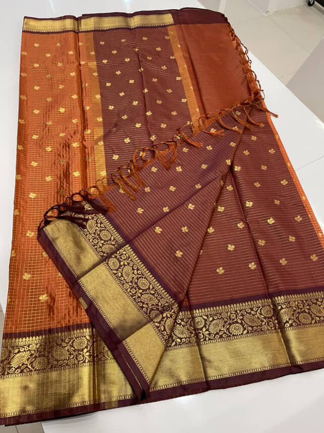 Rust orange Micro Jari checks saree