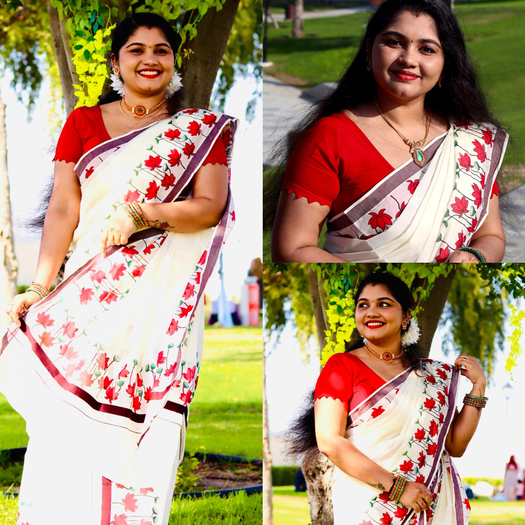 Lotus printed kattikara set mundu 2.80