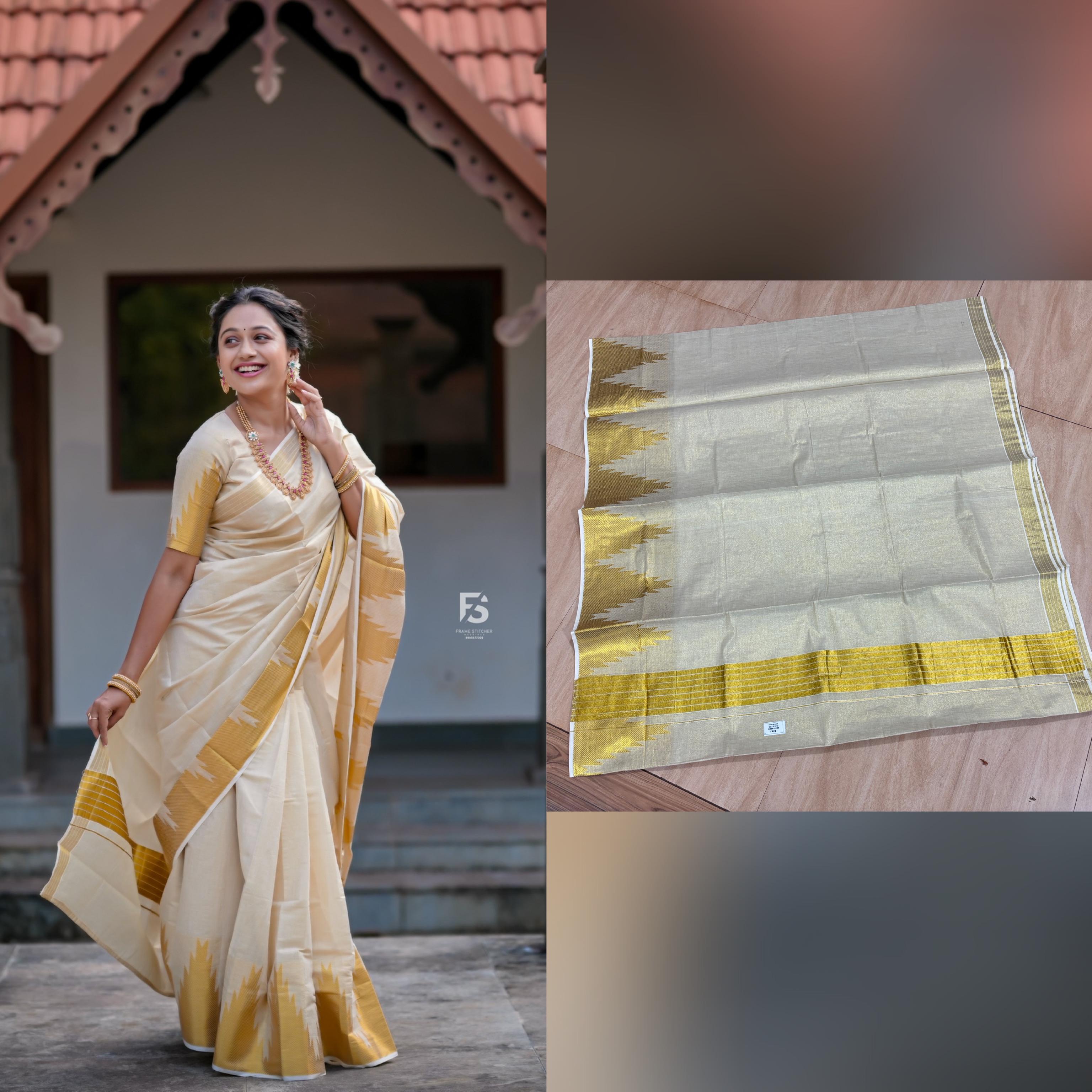 Border temple weave golden tissue saree