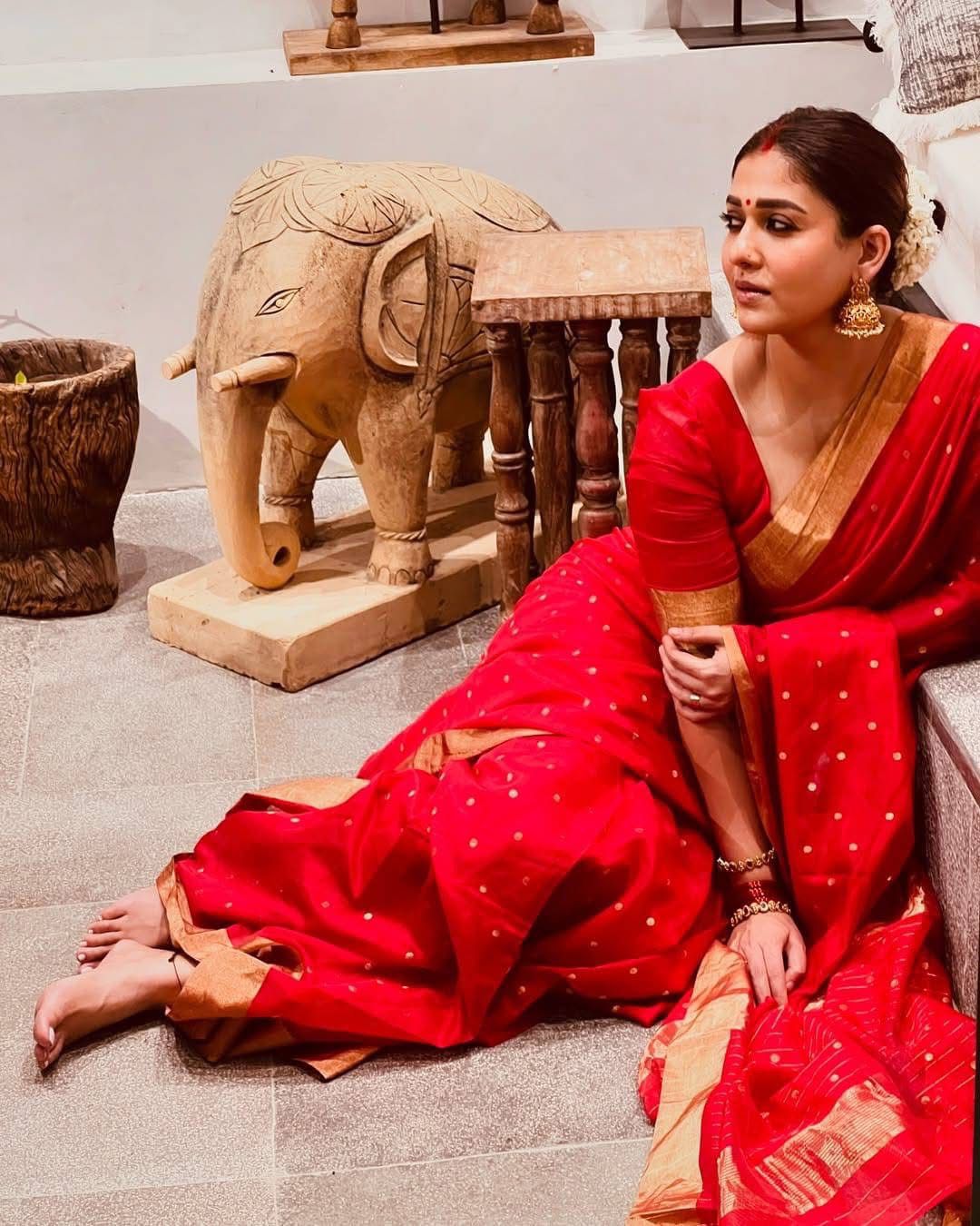 Nayanthara Red small polka saree