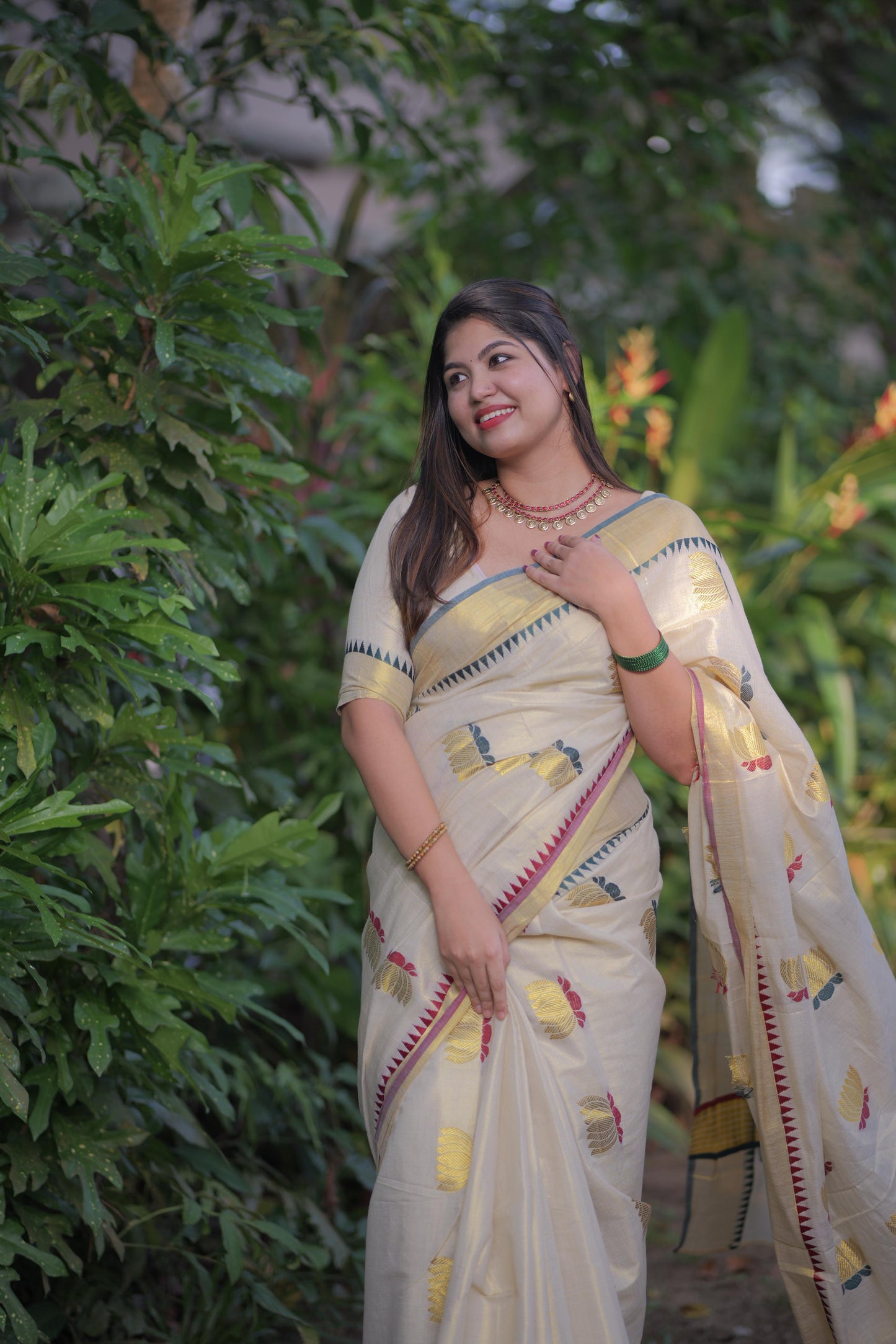 Lotus weave golden tissue saree