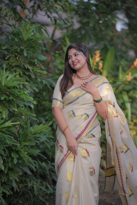Lotus weave golden tissue saree