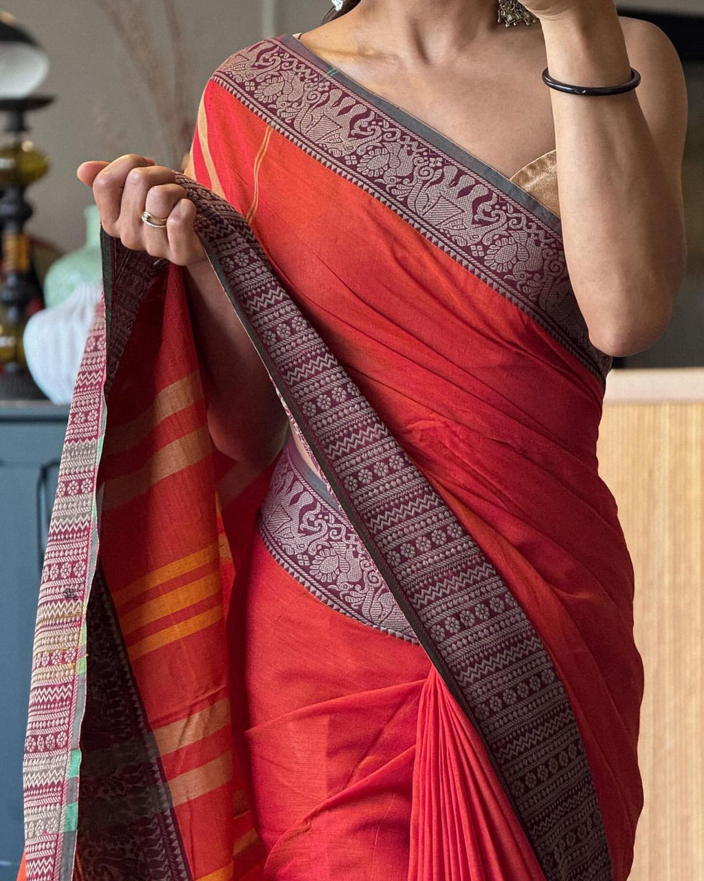 Big border tomato red cotton saree