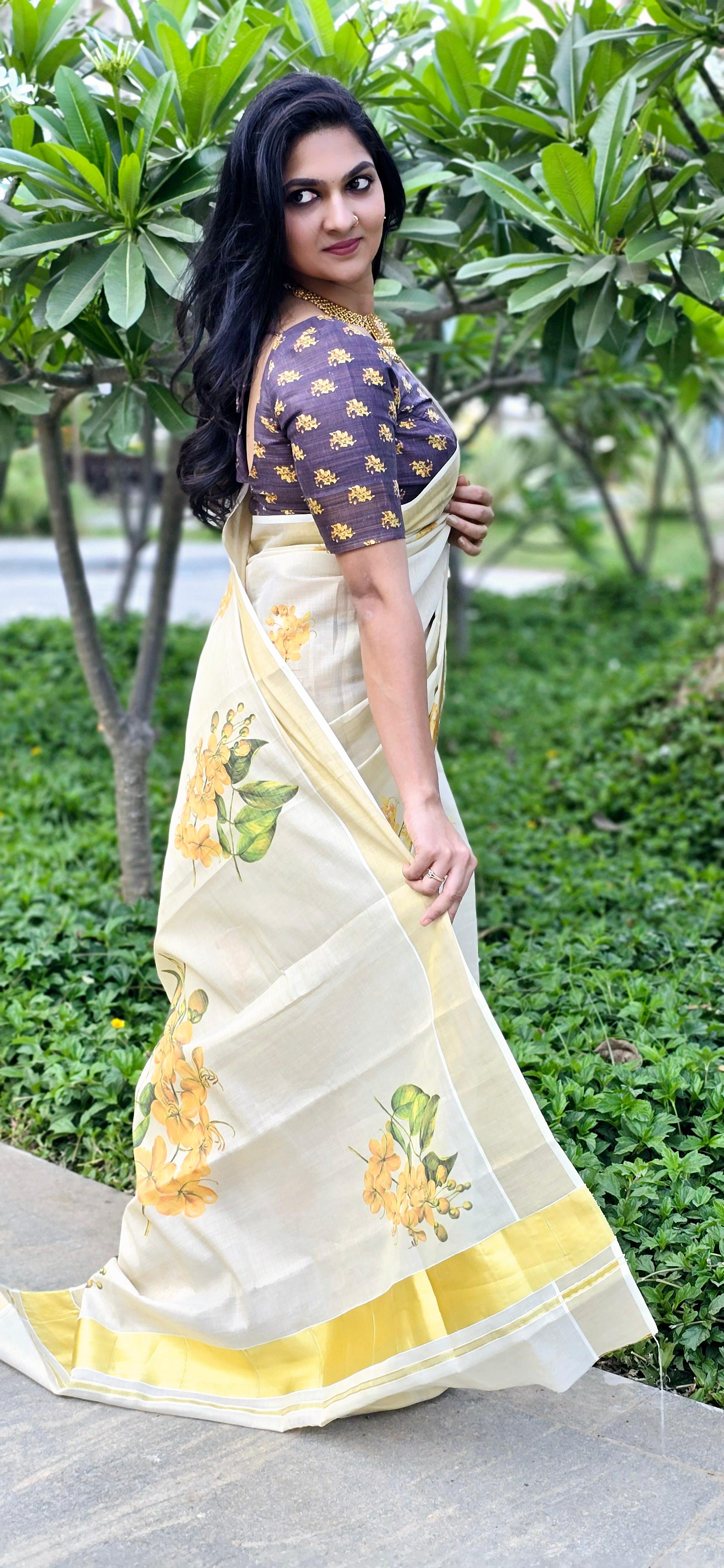 Digital flower print golden tissue saree