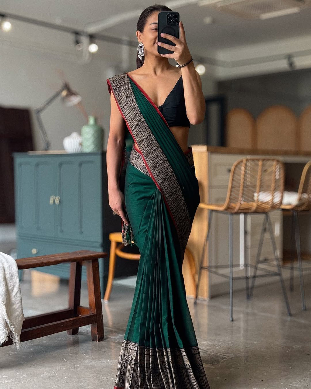 Big border bottle green cotton saree