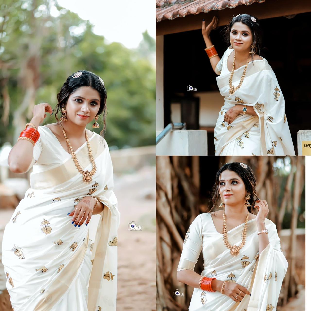 Elephant with umbrella embroidered cotton saree