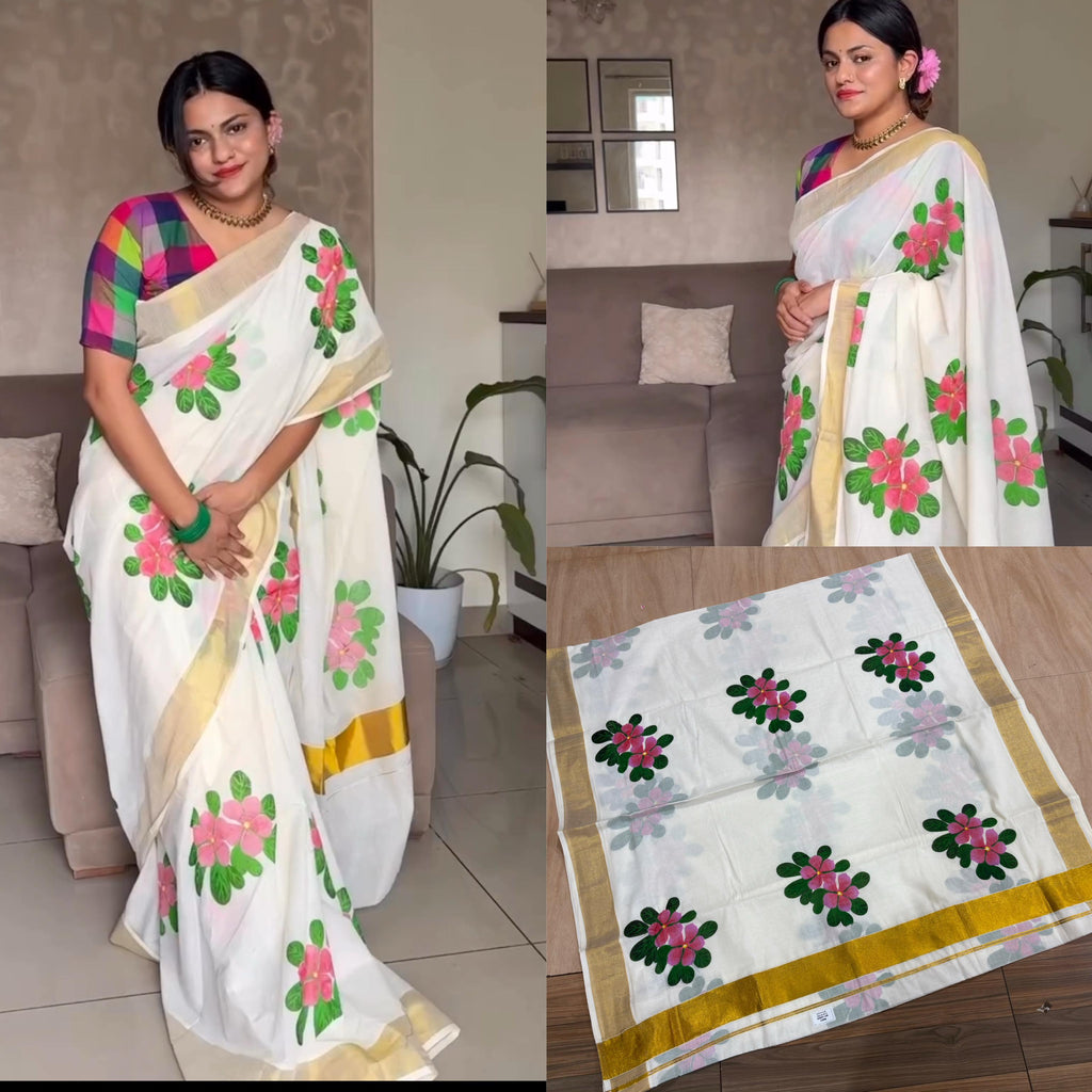 Cotton Nayanthara flower saree There may be slight colorng