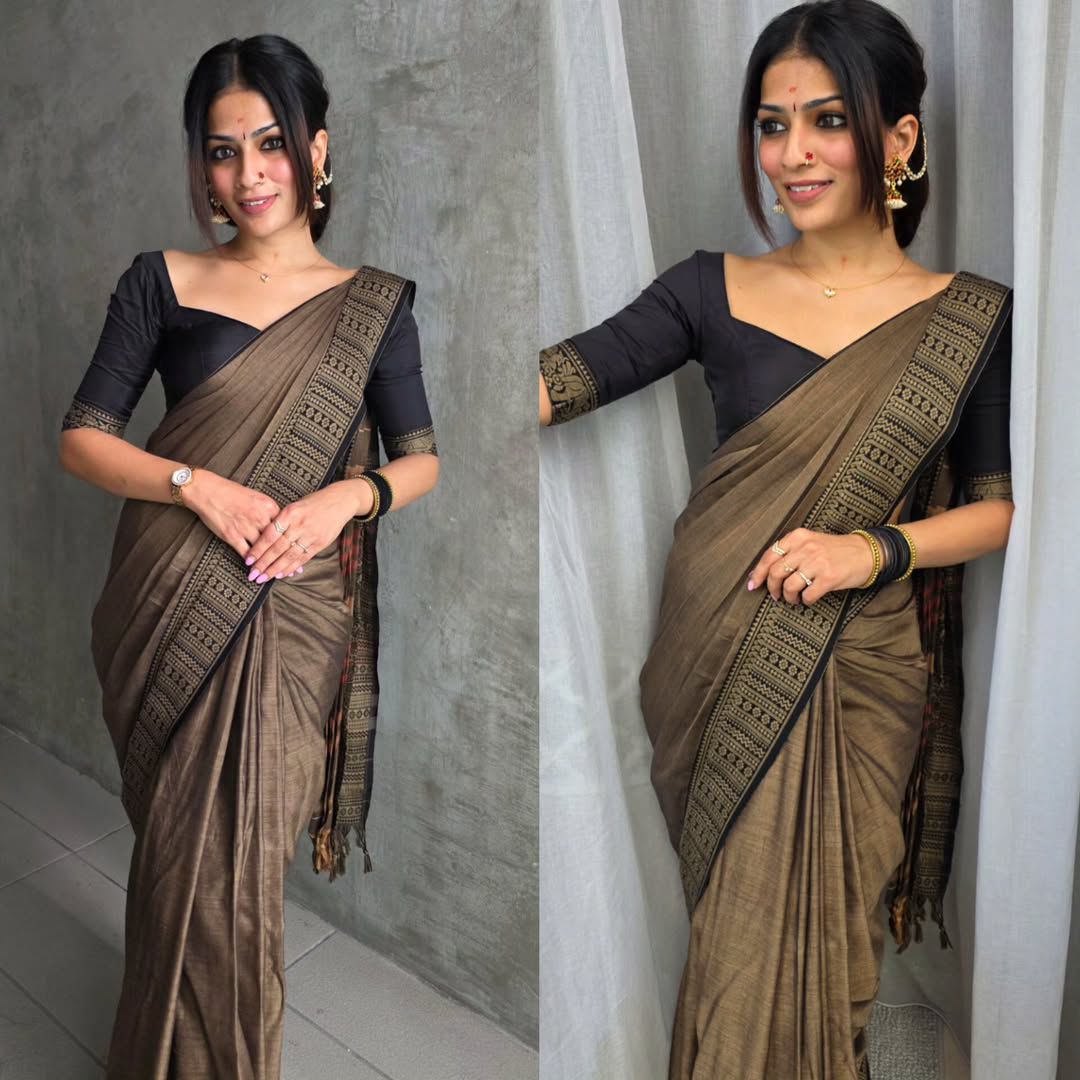Big border rust cotton saree