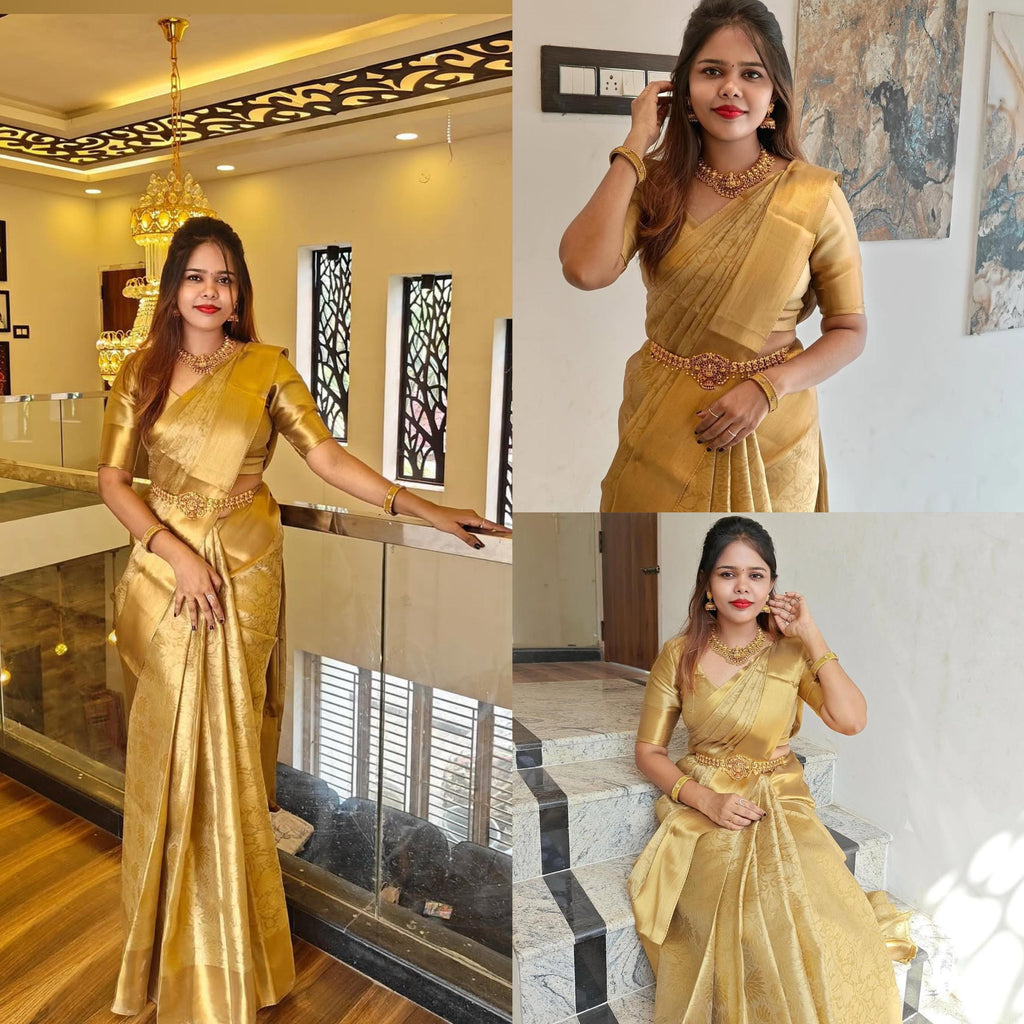 Golden banarasi flower weave saree