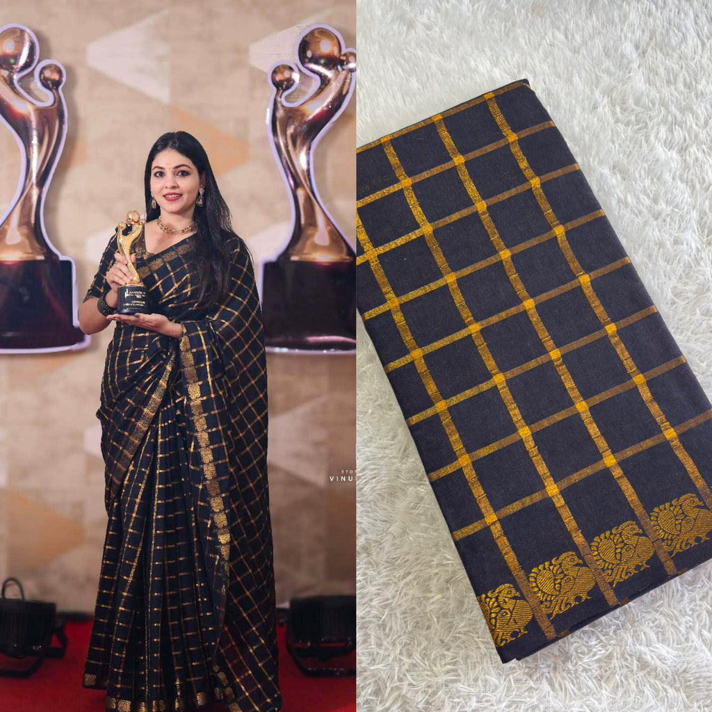 Golden Jari checks peacock border Pure cotton Contrast Border saree