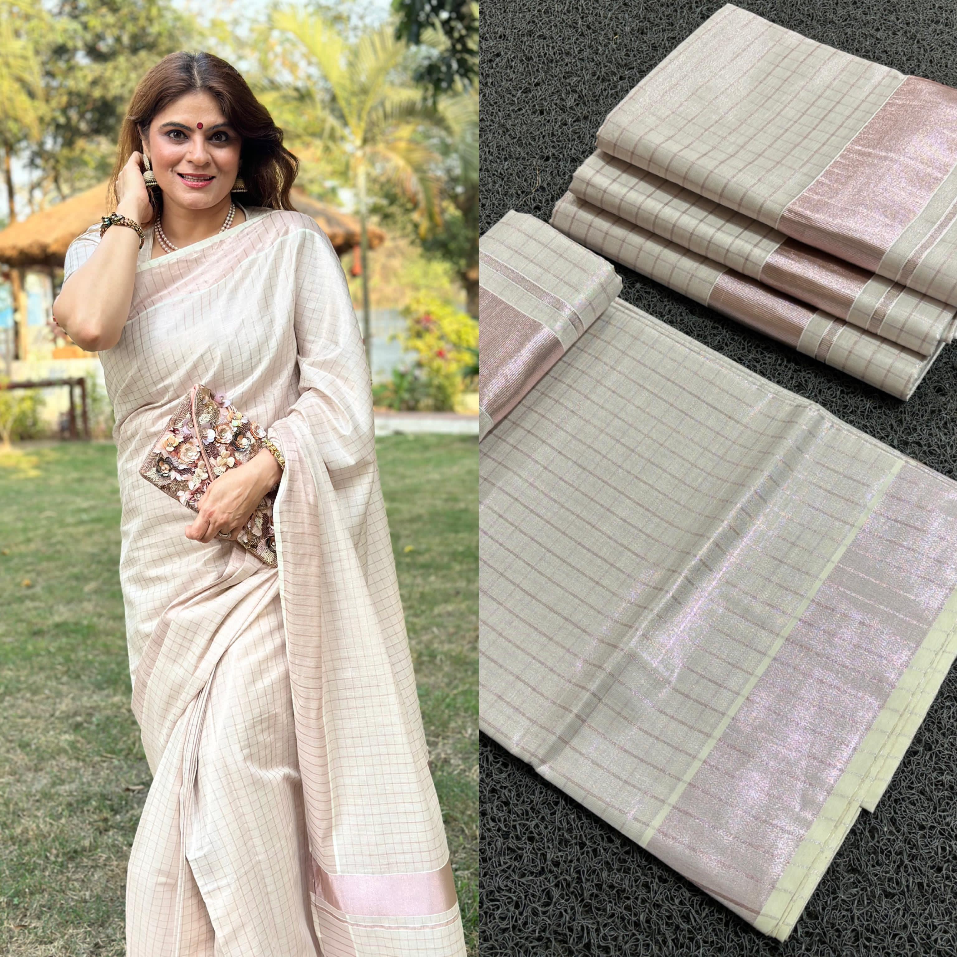 Ready to wear rose gold tissue checked saree