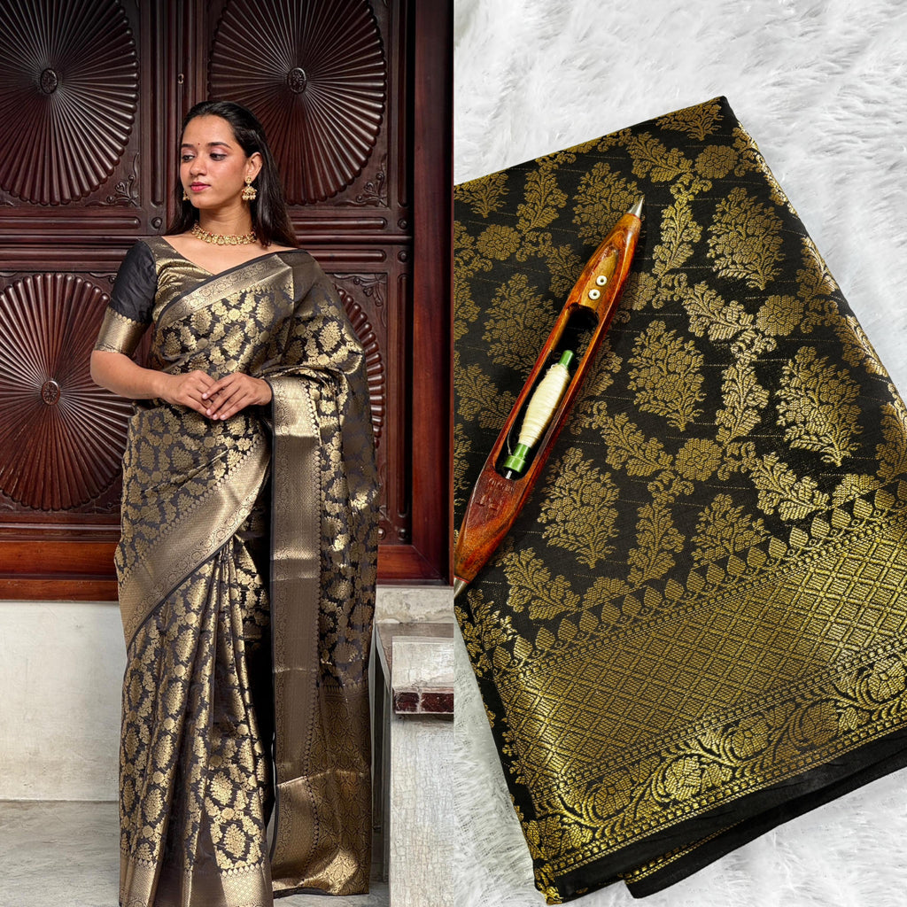 Black and gold full jacquard weave saree