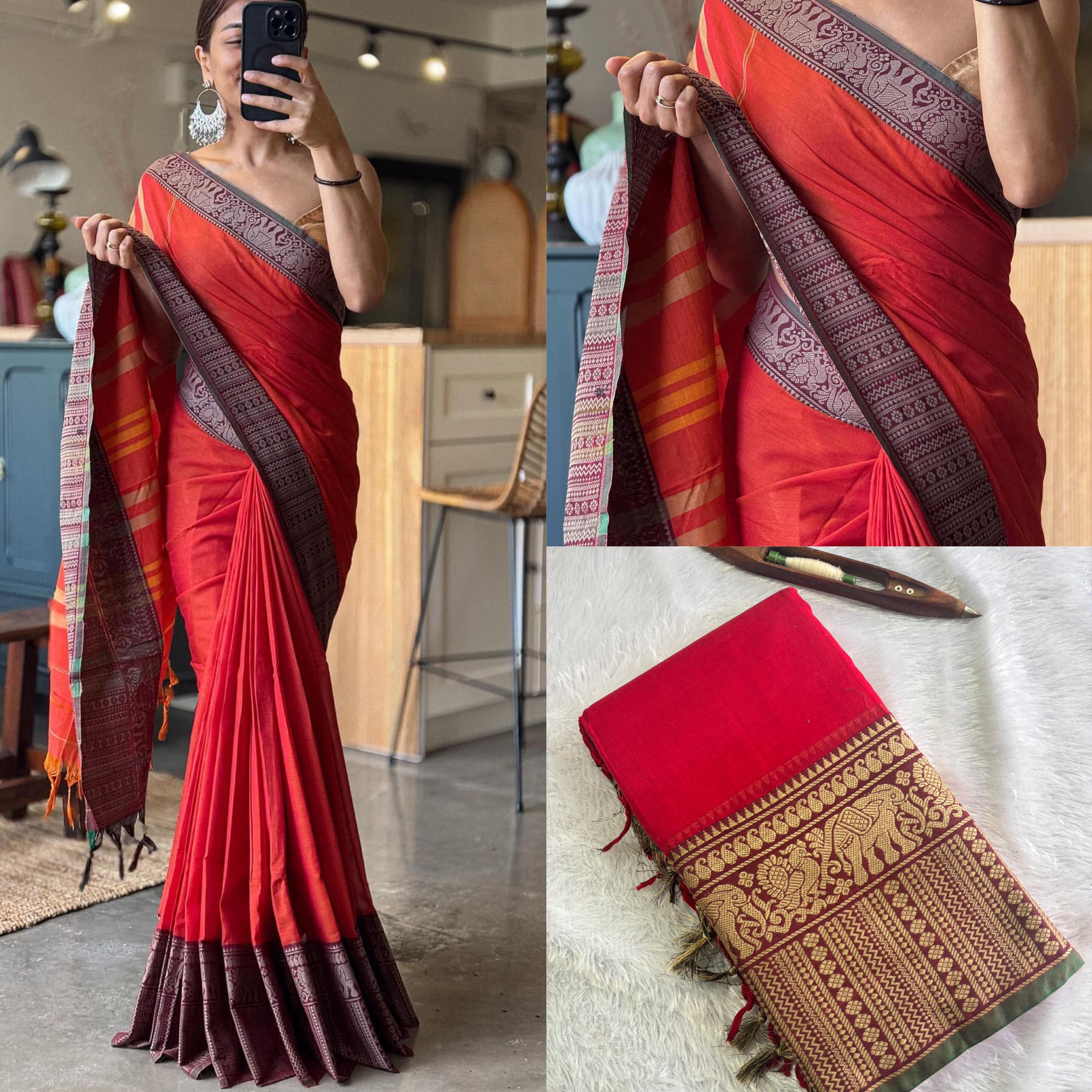 Big border tomato red cotton saree