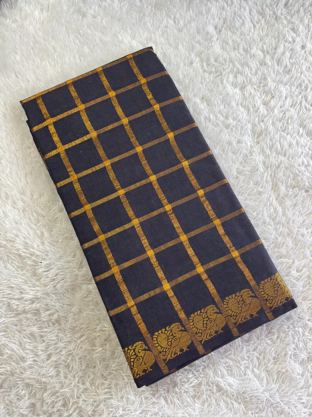 Golden Jari checks peacock border Pure cotton Contrast Border saree