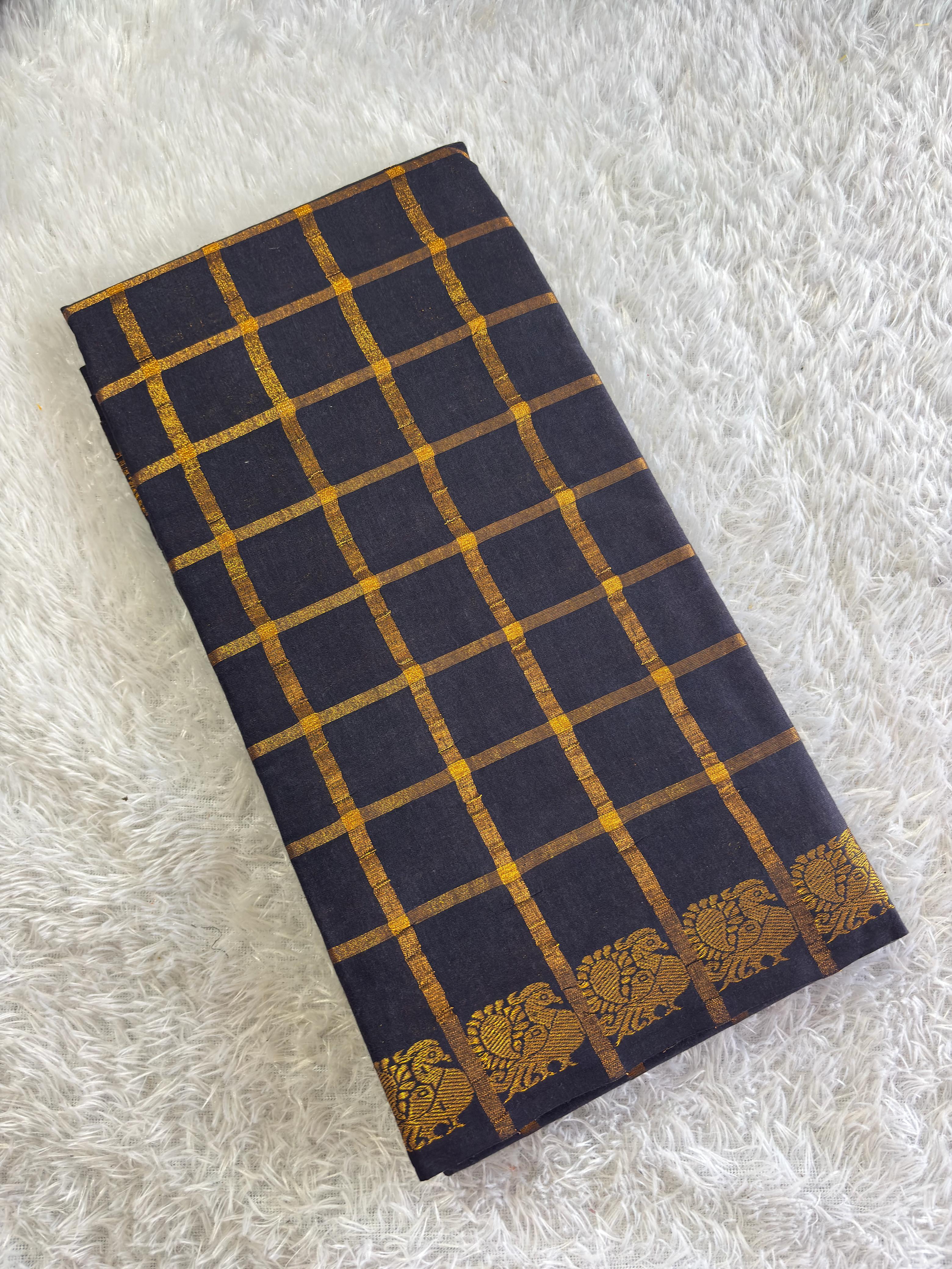 Golden Jari checks peacock border Pure cotton Contrast Border saree