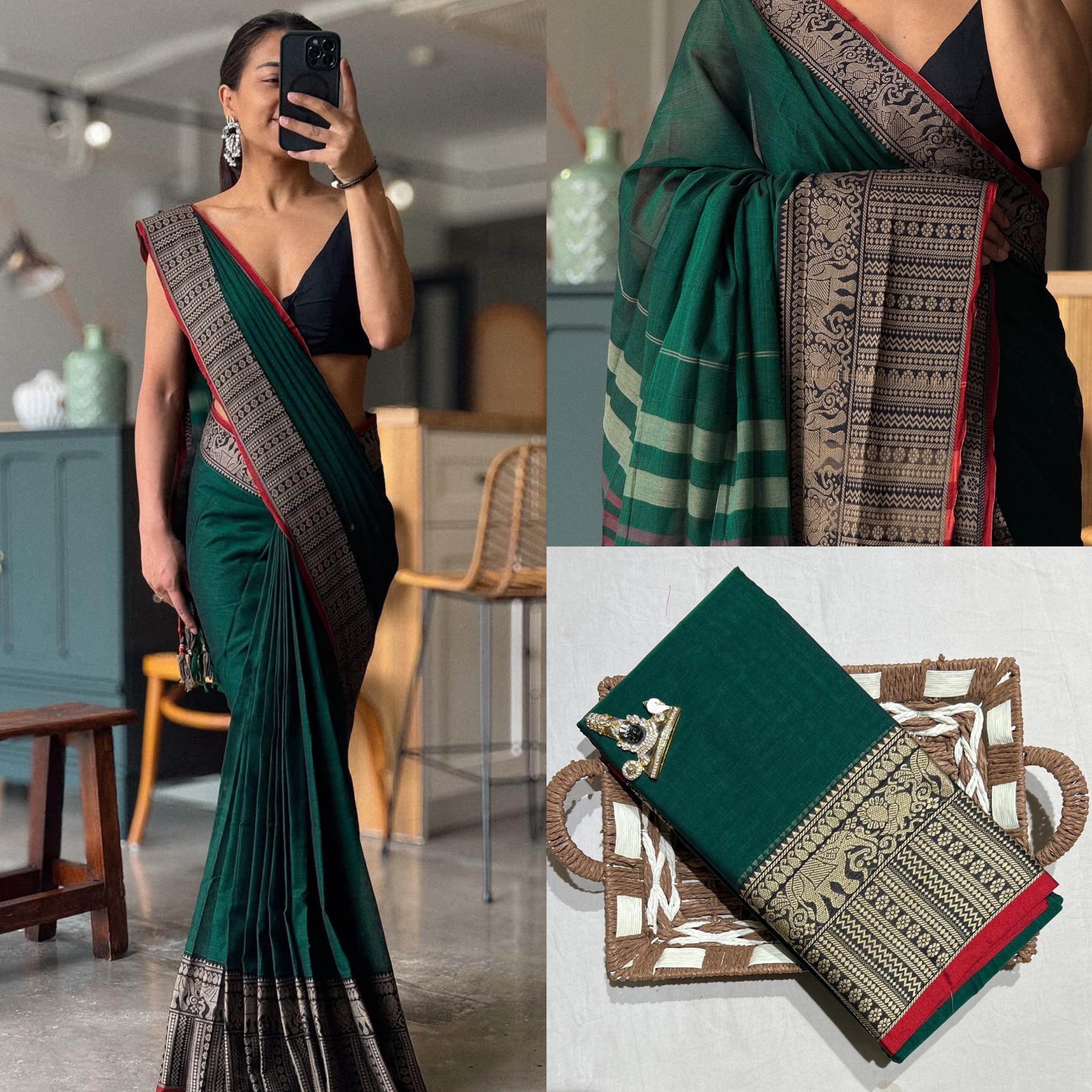Big border bottle green cotton saree