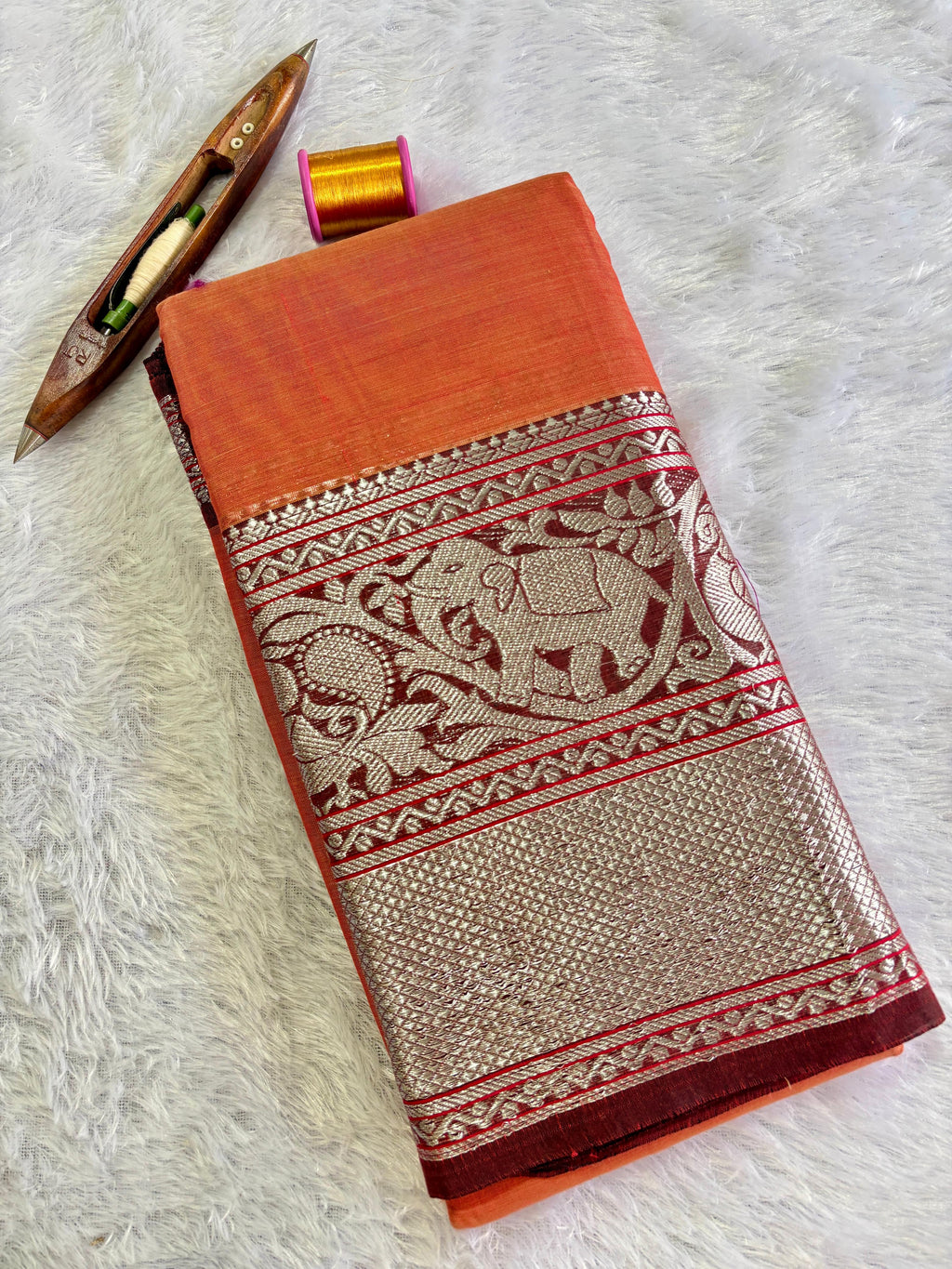 Silver big border elephant motif cotton saree