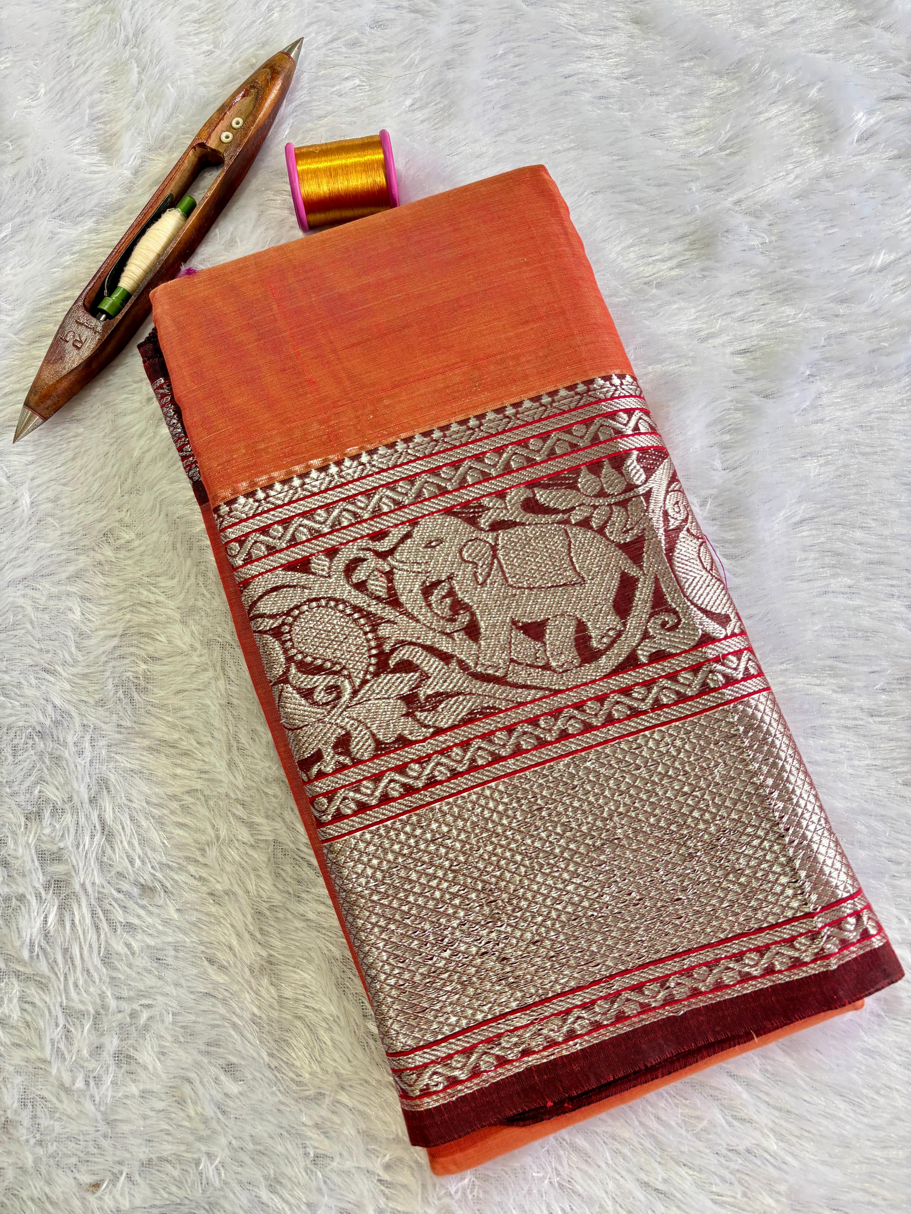 Silver big border elephant motif cotton saree