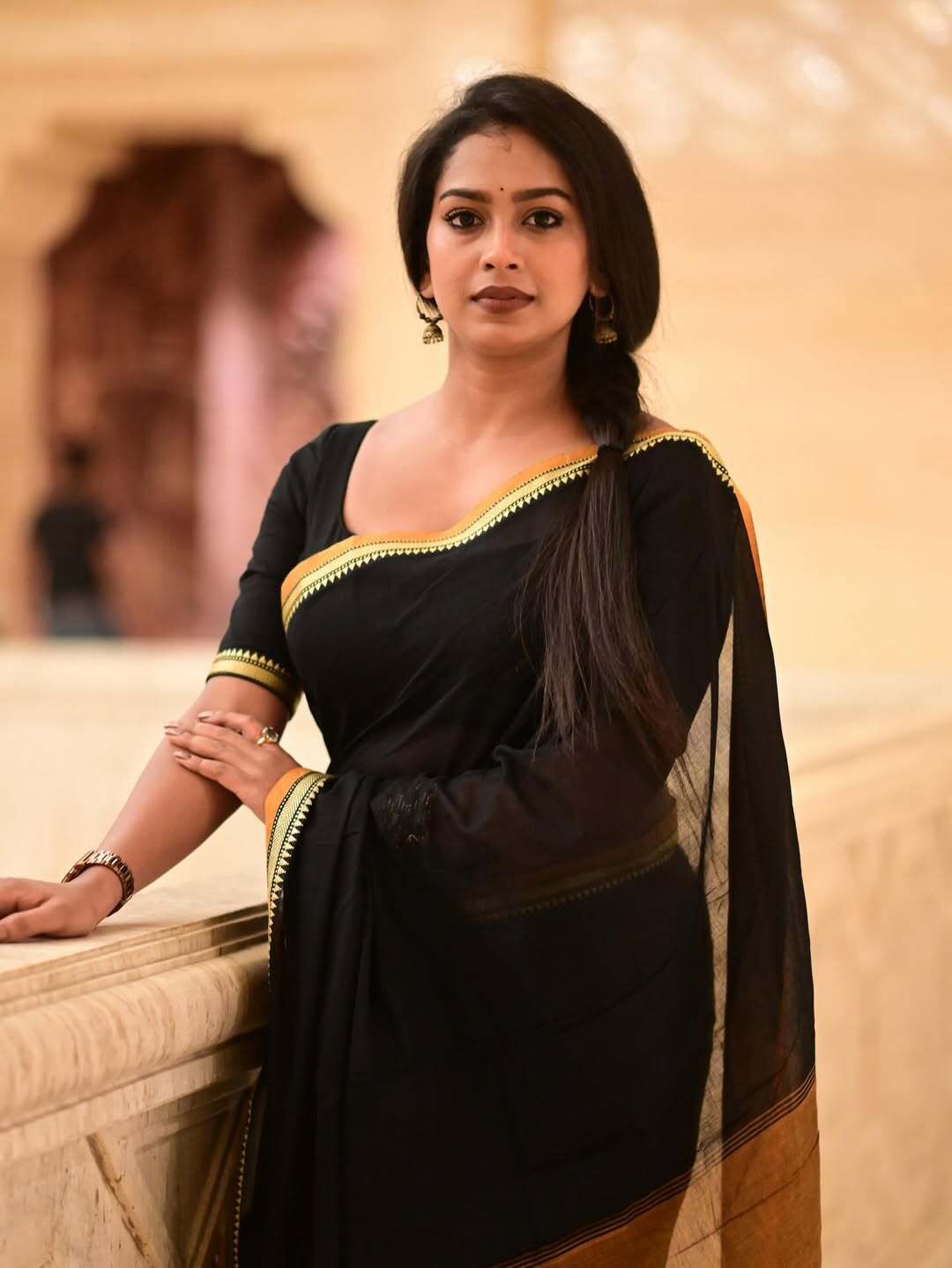 Black in Yellow Temple border Khadi cotton Saree