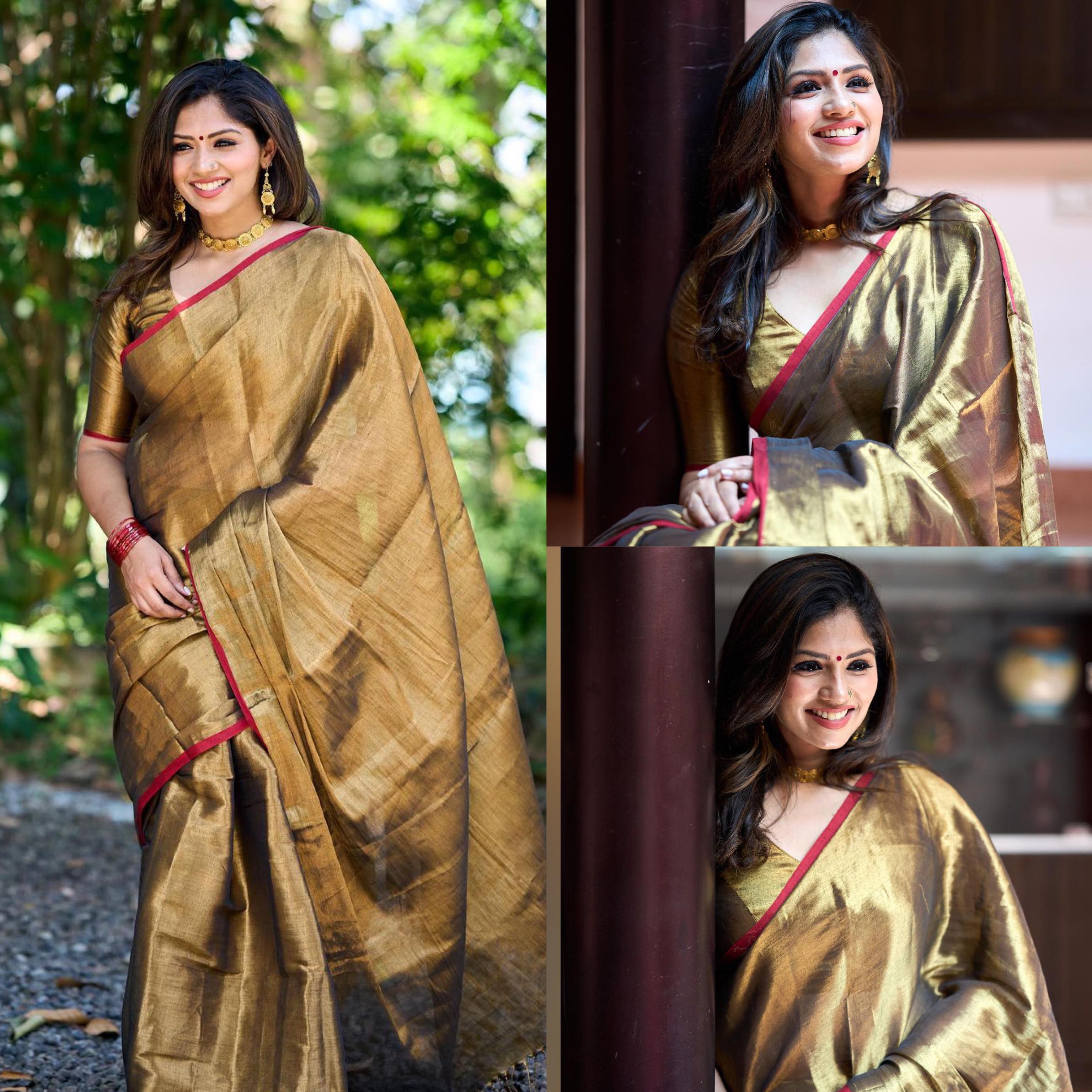 Red border golden tissue saree