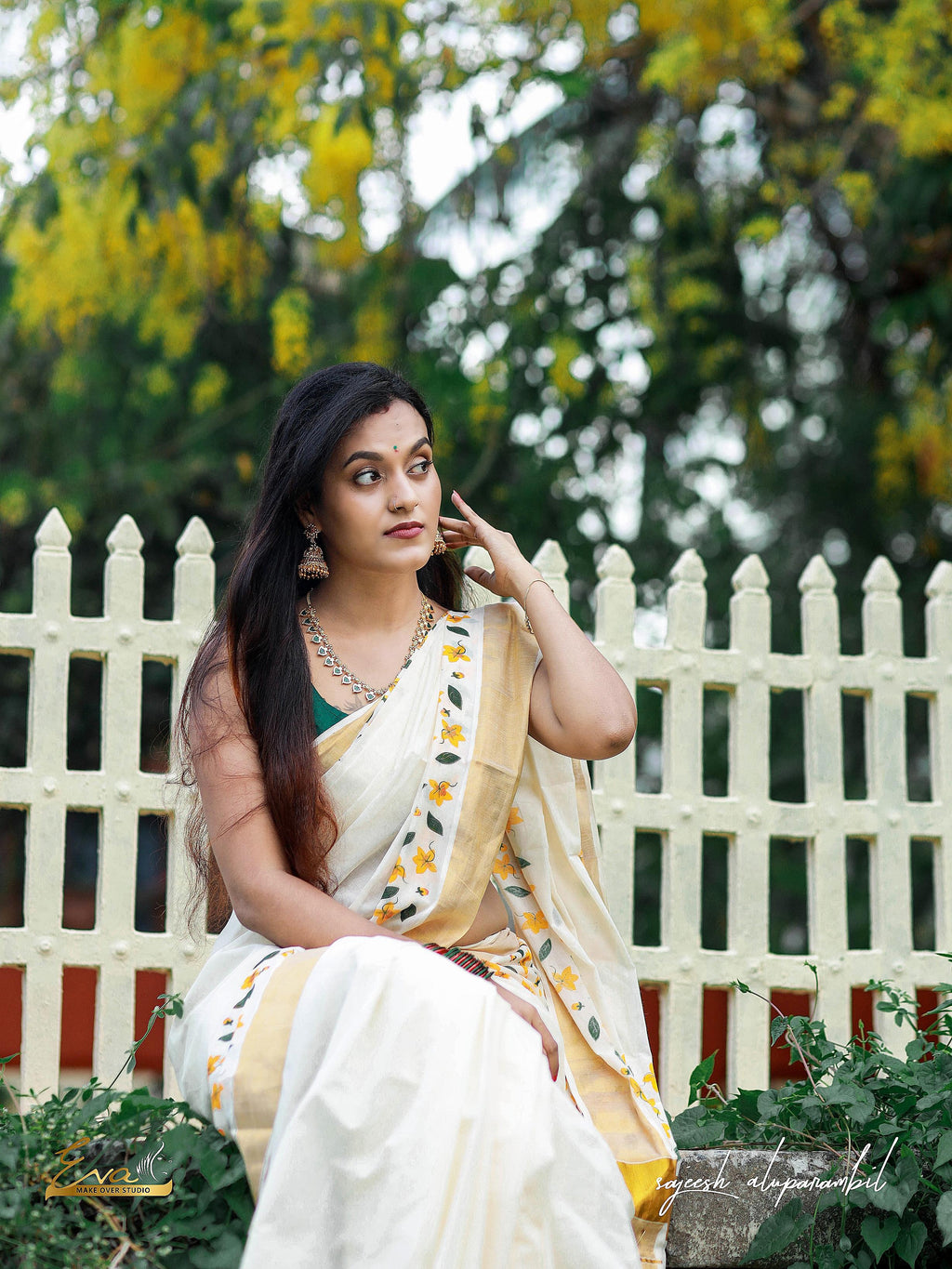 Yellow scattered flower printed cotton saree