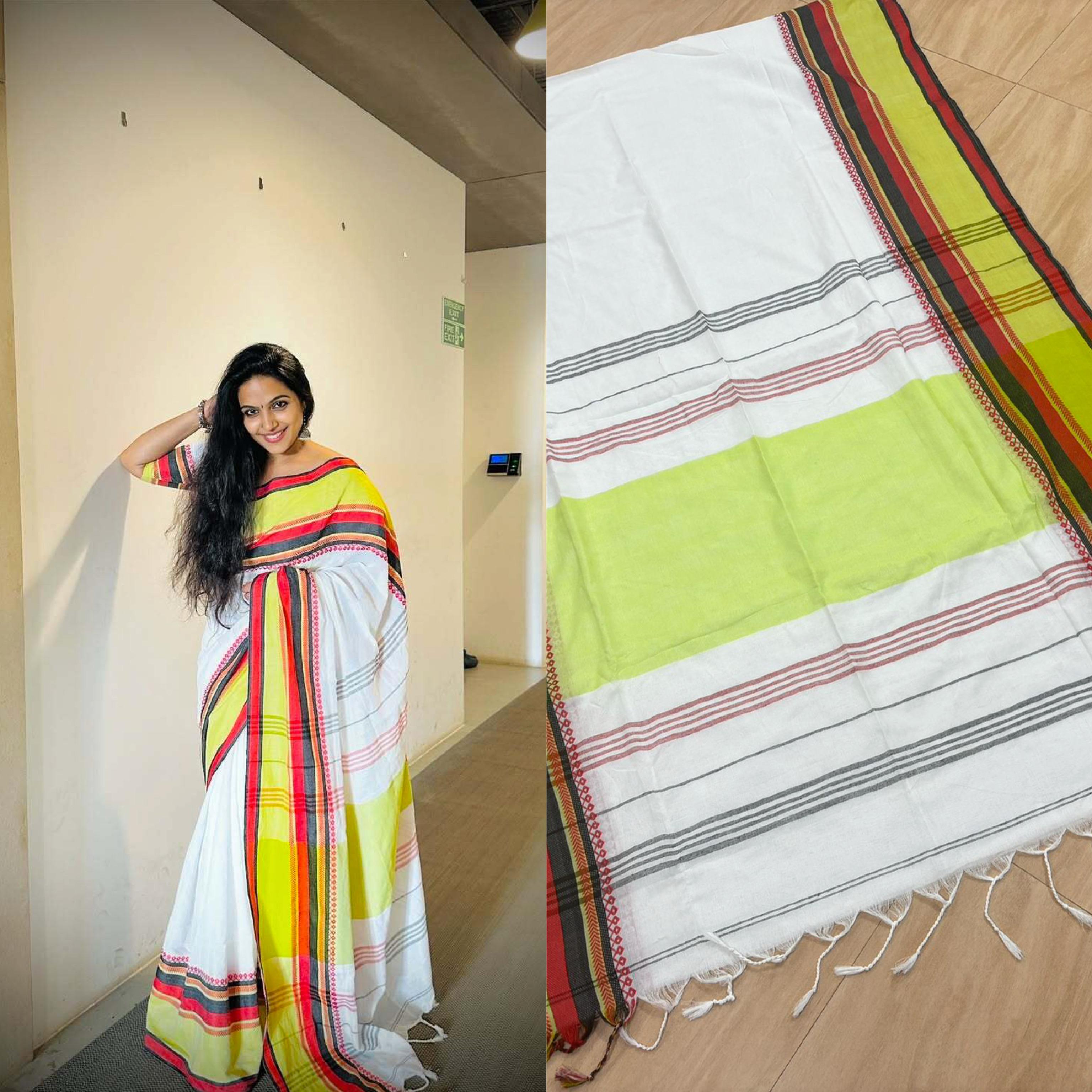 Big multi colour border temple weave cotton saree Onam collection