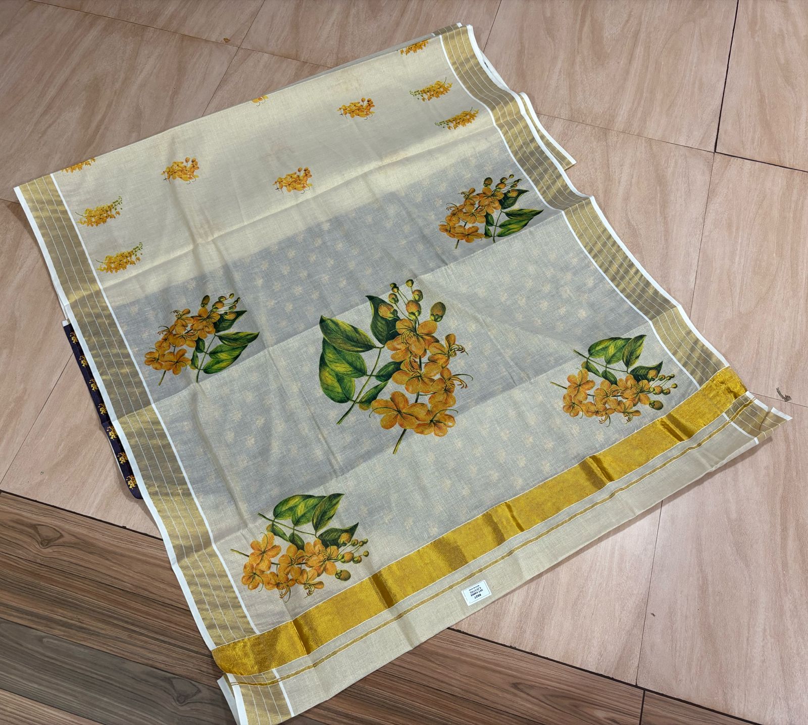 Digital flower print golden tissue saree