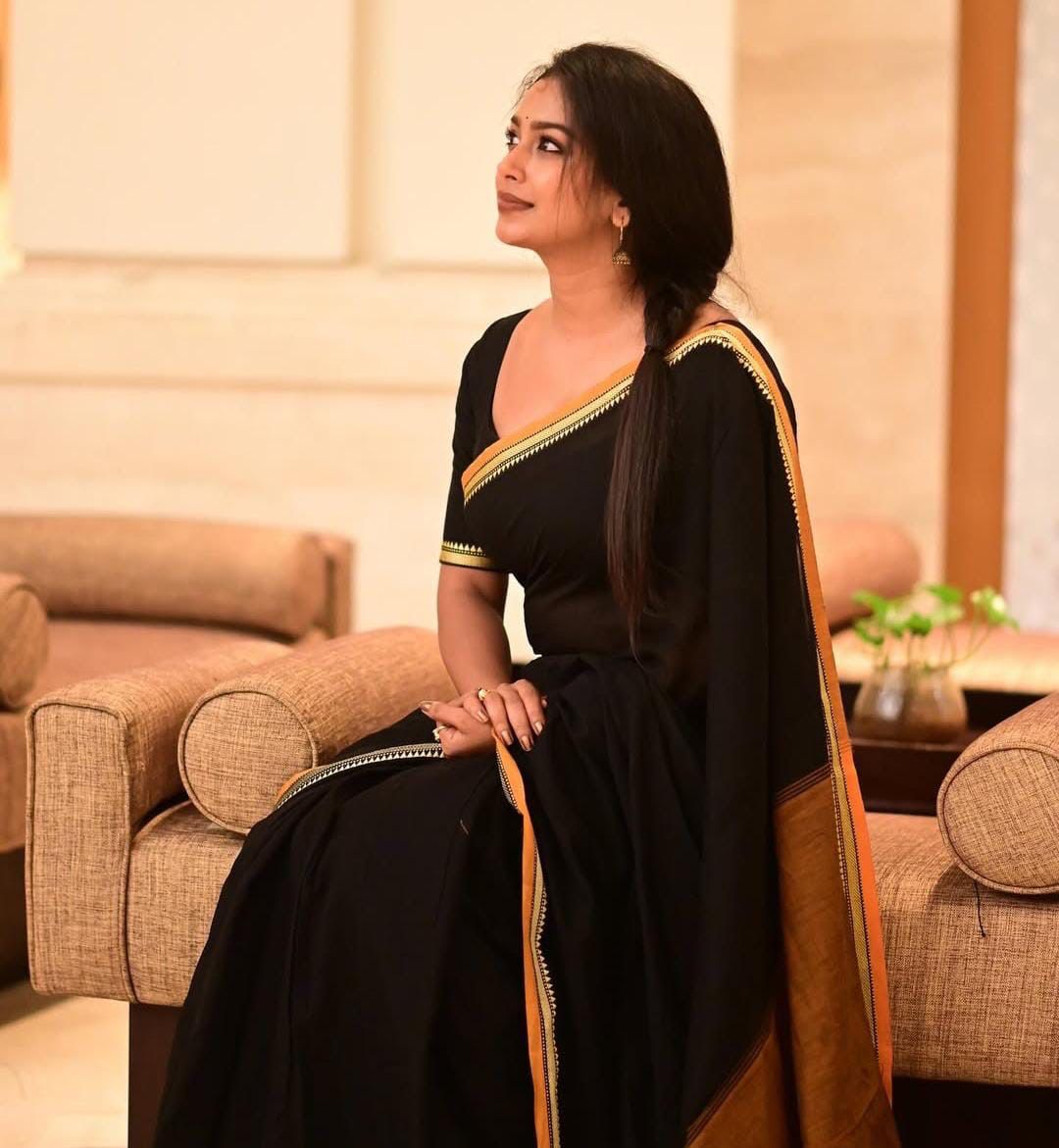 Black in Yellow Temple border Khadi cotton Saree