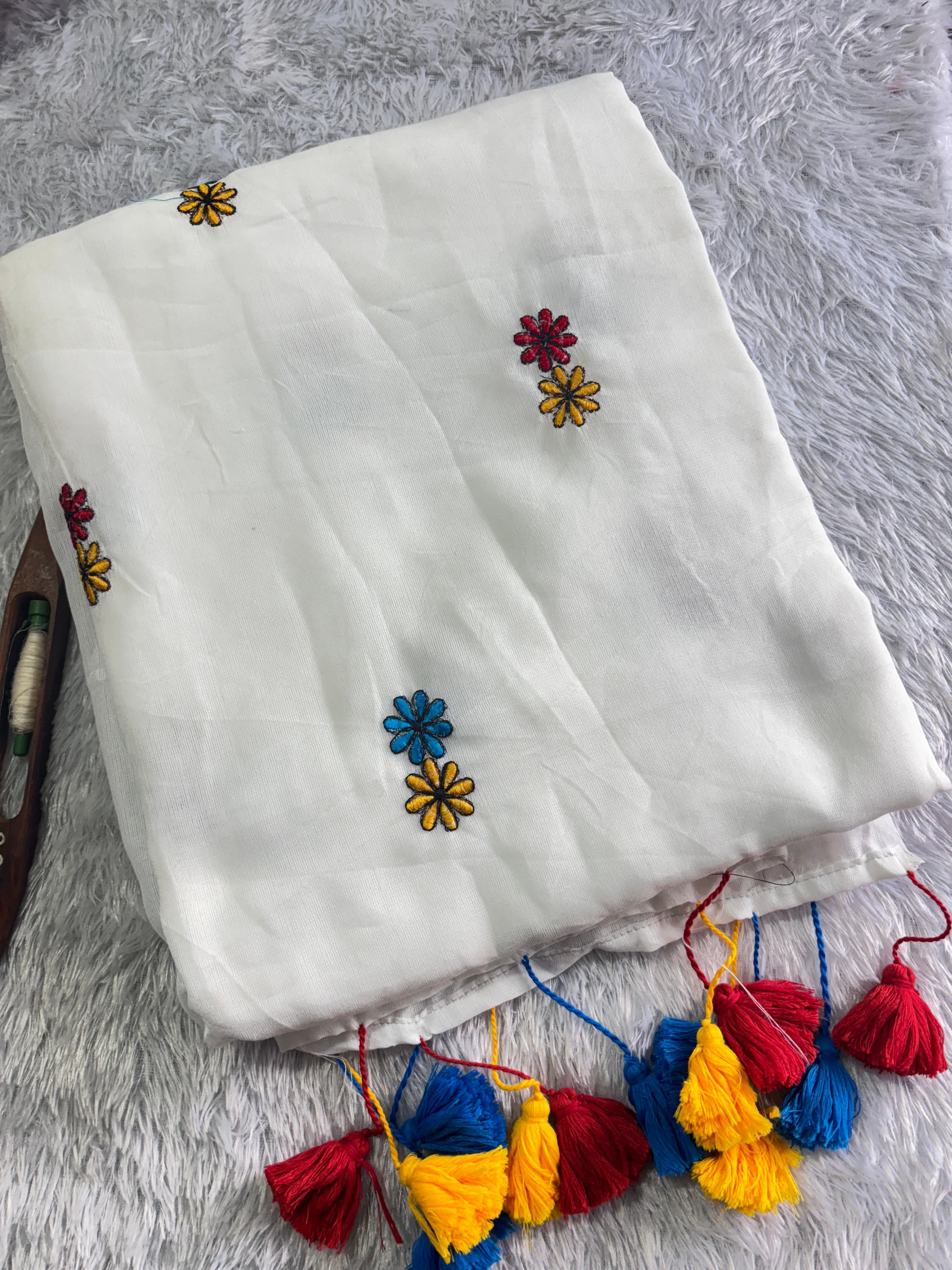 80s Mul cotton flower embroidered