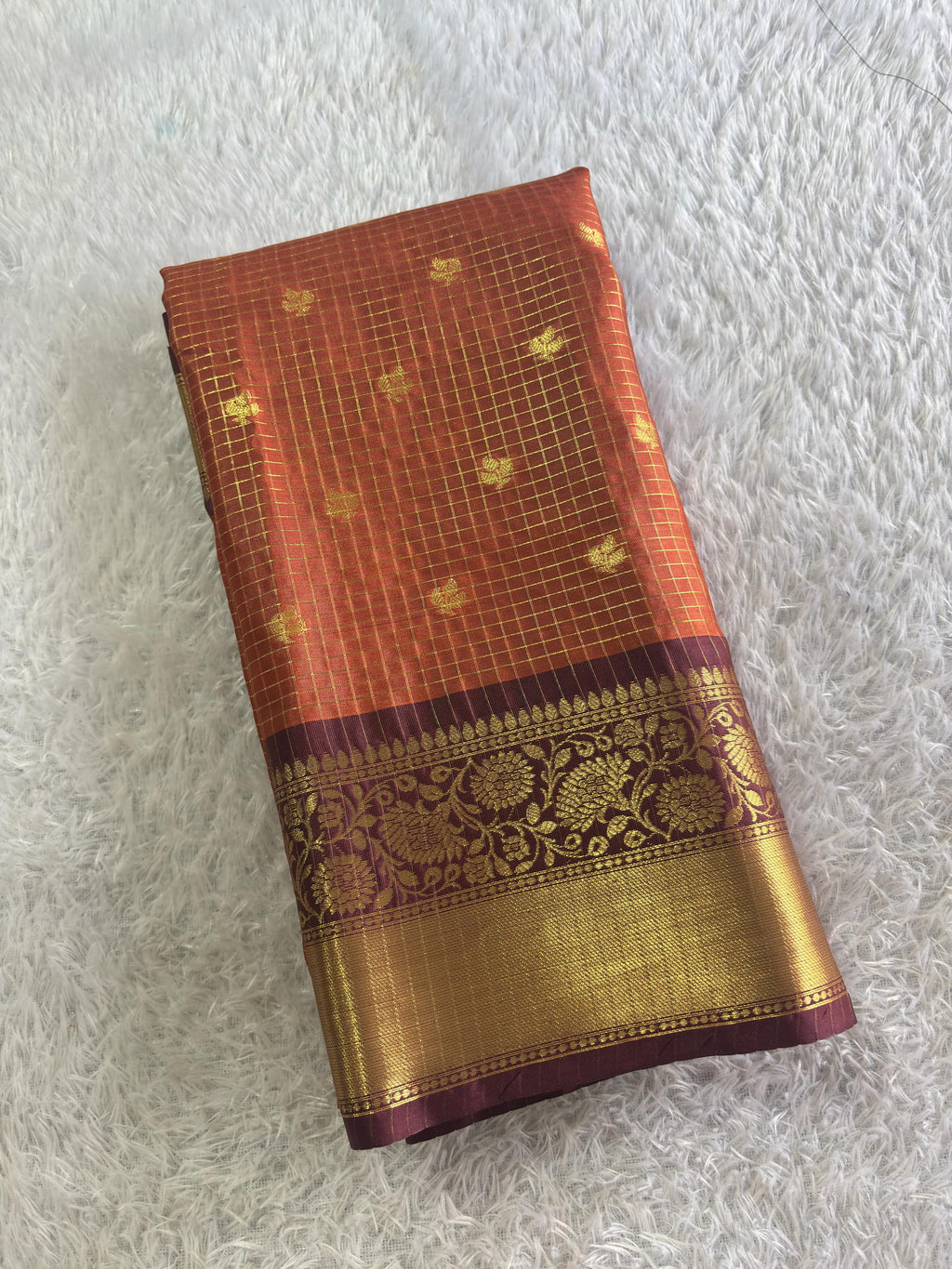 Rust orange Micro Jari checks saree