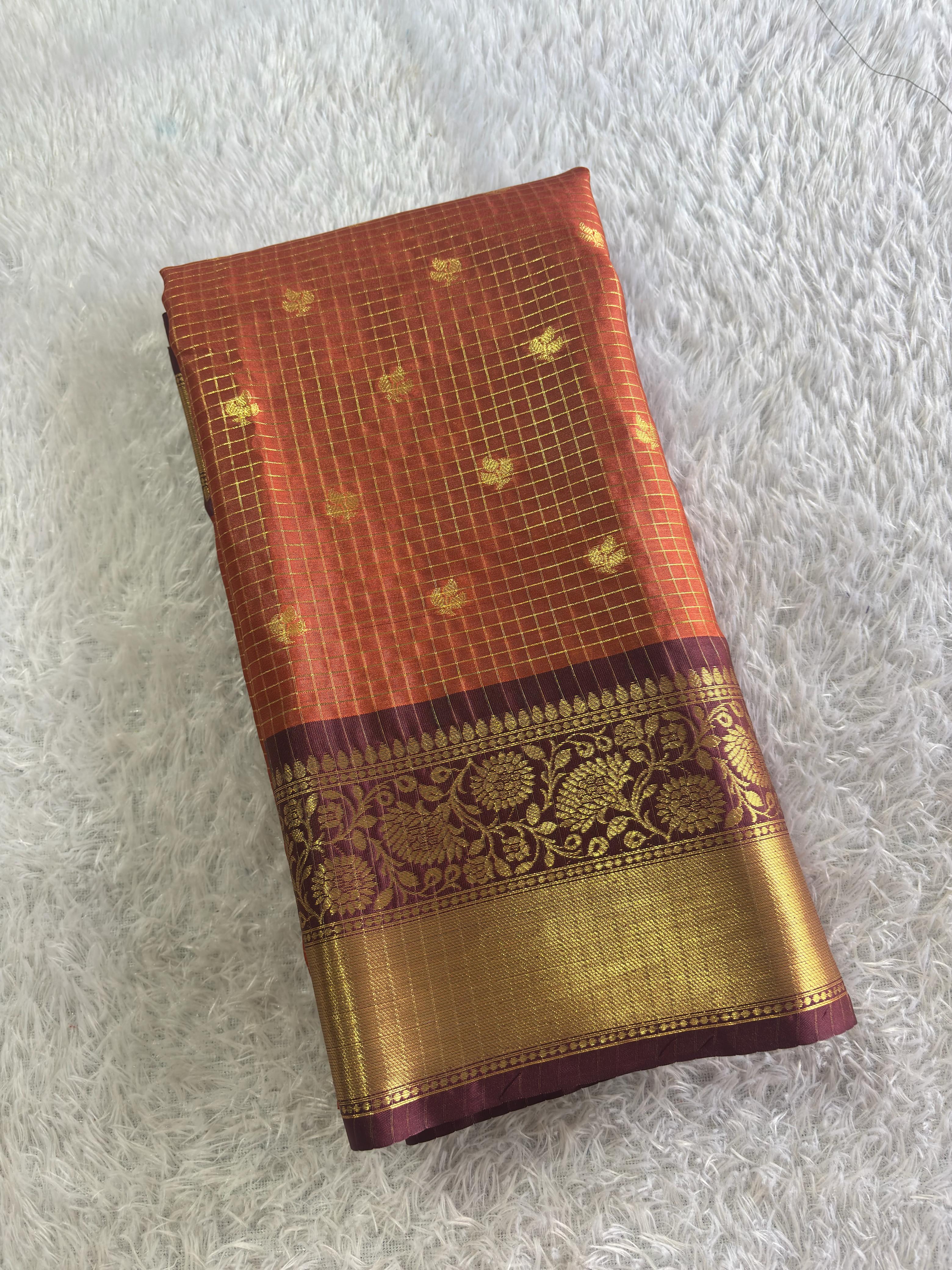 Rust orange Micro Jari checks saree