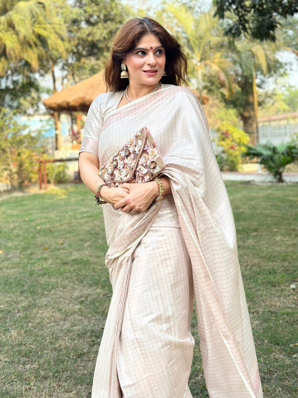 Ready to wear rose gold tissue checked saree
